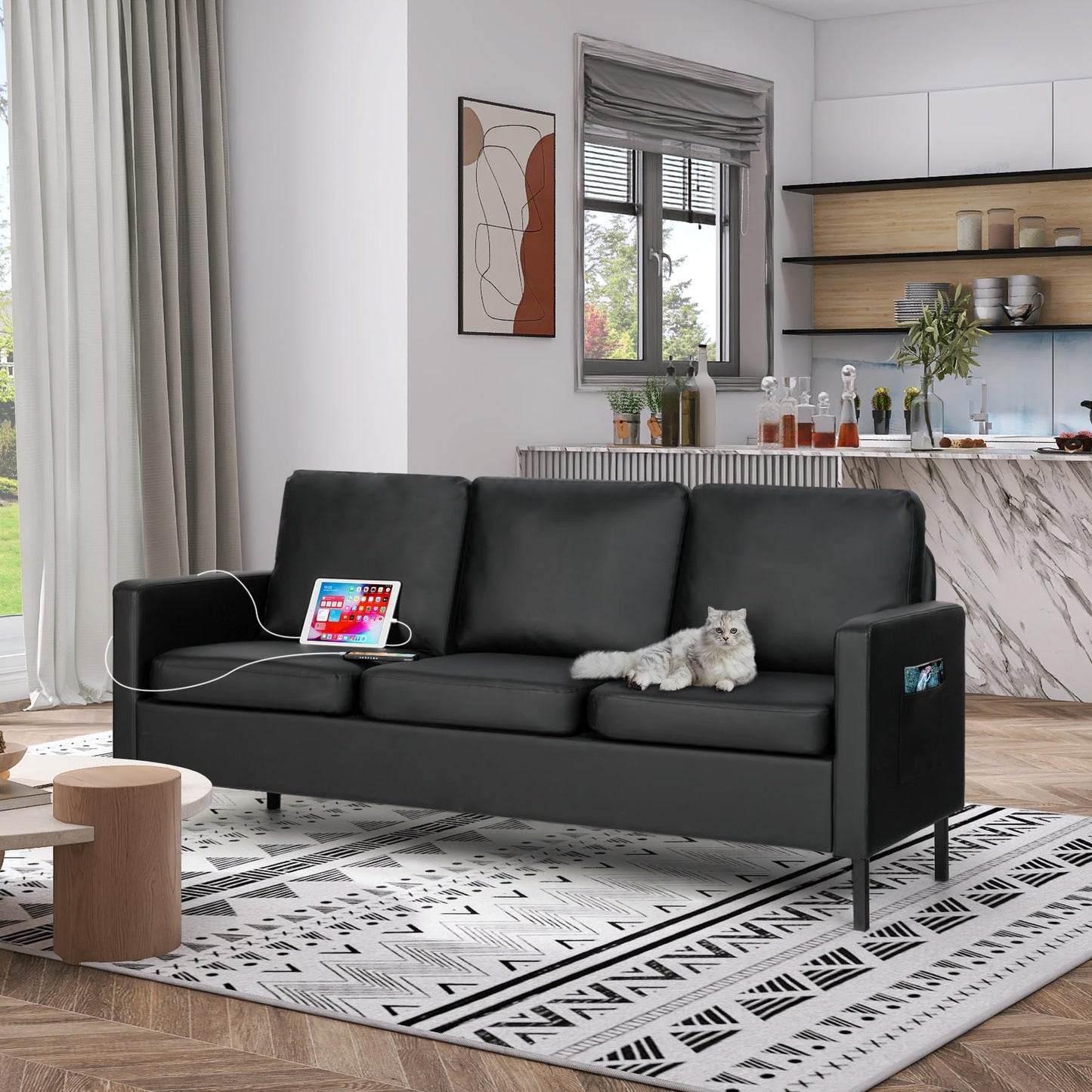 STHOUYN 72" W Faux Leather Black Sofa 3 Seat Couch, Modern Comfy Couch with 2 USB, Small Couches for Living Room Apartment Bedroom Small Spaces, Office(Black (Sofa))