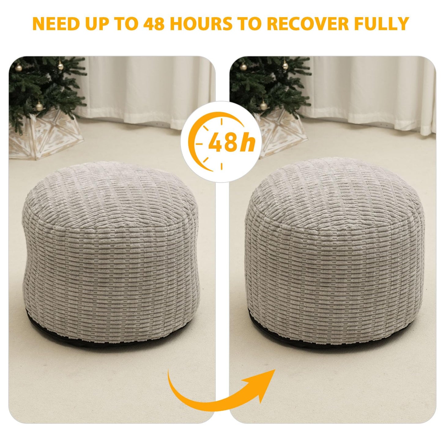Round Stuffed Pouf Ottoman for Foot Rest, Storage Ottoman Pouf Foot Stool Cushion, Faux Fur Poufs with Foam Chunk Filling, 26 X 18 Inch Floor Chair for Living Room Bedroom Home Decor, Light Gray