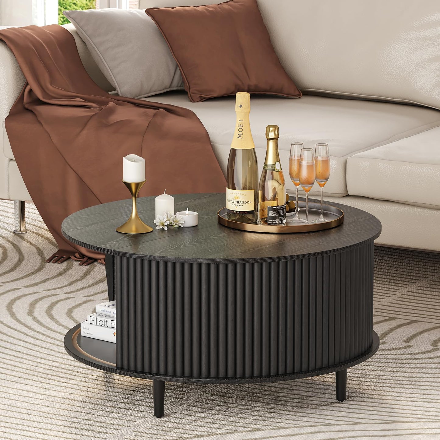 JOINICE,Round Coffee Table with Storage, Mid Century Modern Center Table with Sliding Cabinet Door, Fluted Dining Table for Living Room, Home Small Space, 31.5", Black
