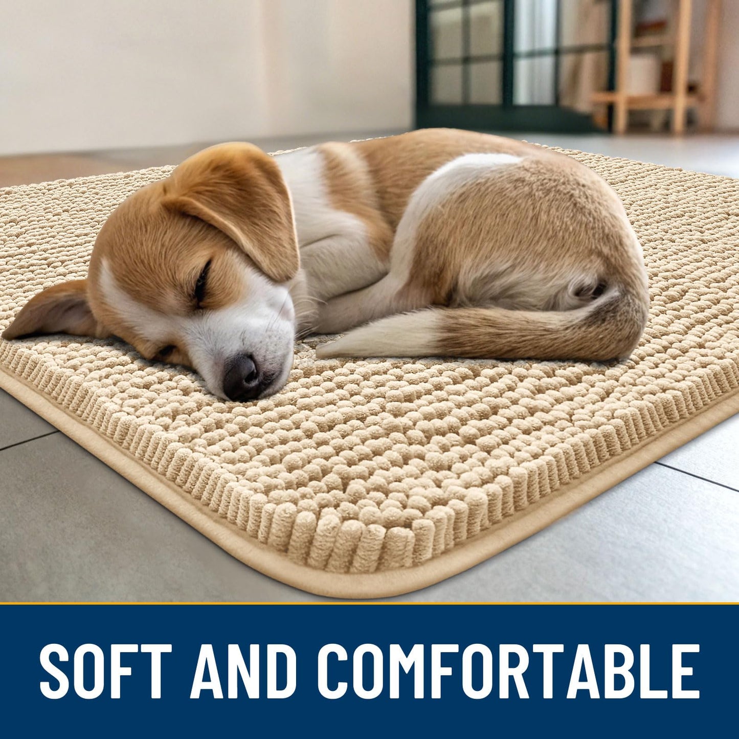 Smiry Dog Door Mat for Muddy Paws 48x30, Absorbs Moisture and Dirt Doormat, Non-Slip Washable Quick Dry Chenille Front Door Mat Indoor Entrance, Entryway Carpet for Inside Floor, Beige