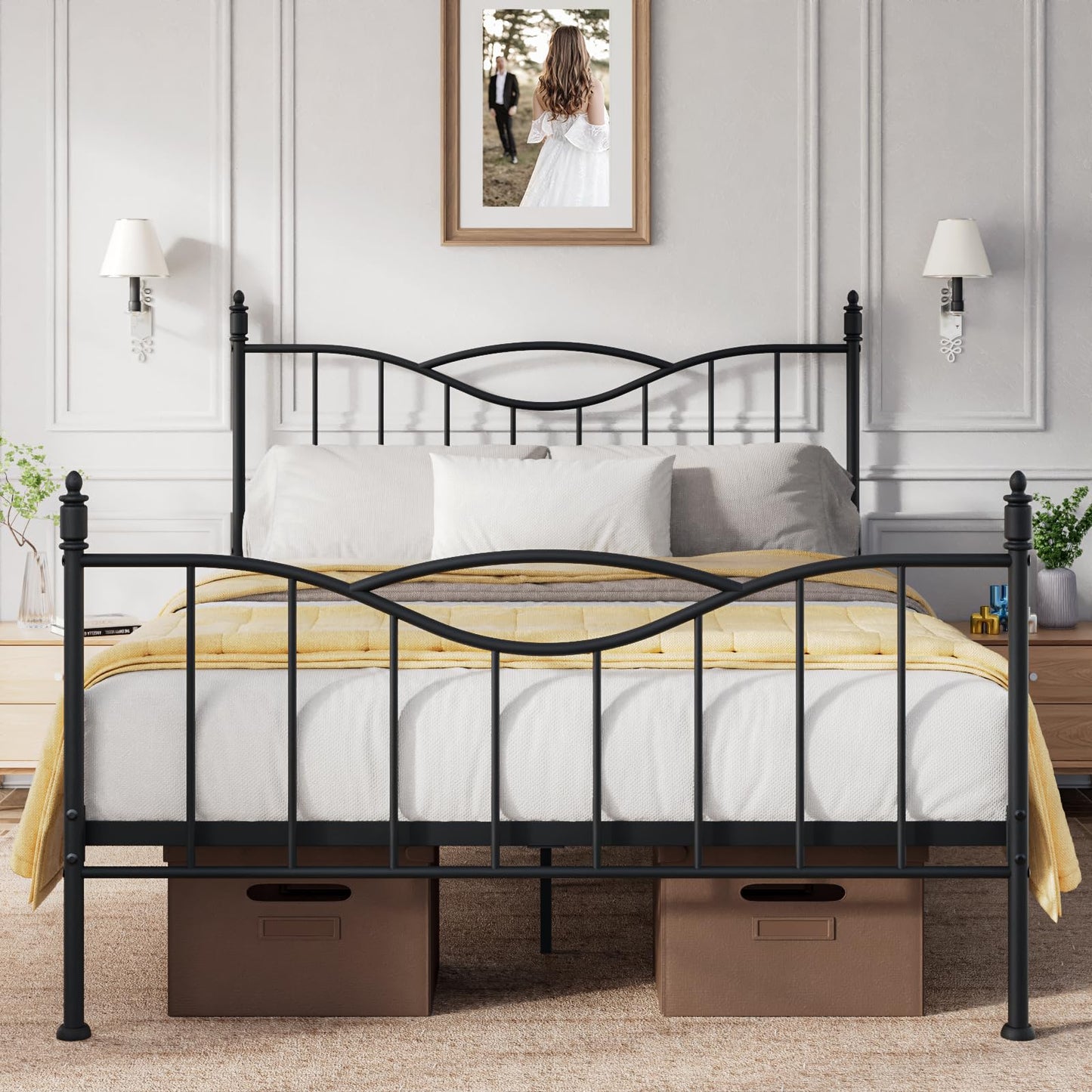 Florise Queen Size Bed Frame with Headboard,14 Inch Tall Metal Platform Bed Frame Mattress Foundation with Footboard, Under Bed Storage, Strong Metal Slats Support, No Box Spring Needed, Black