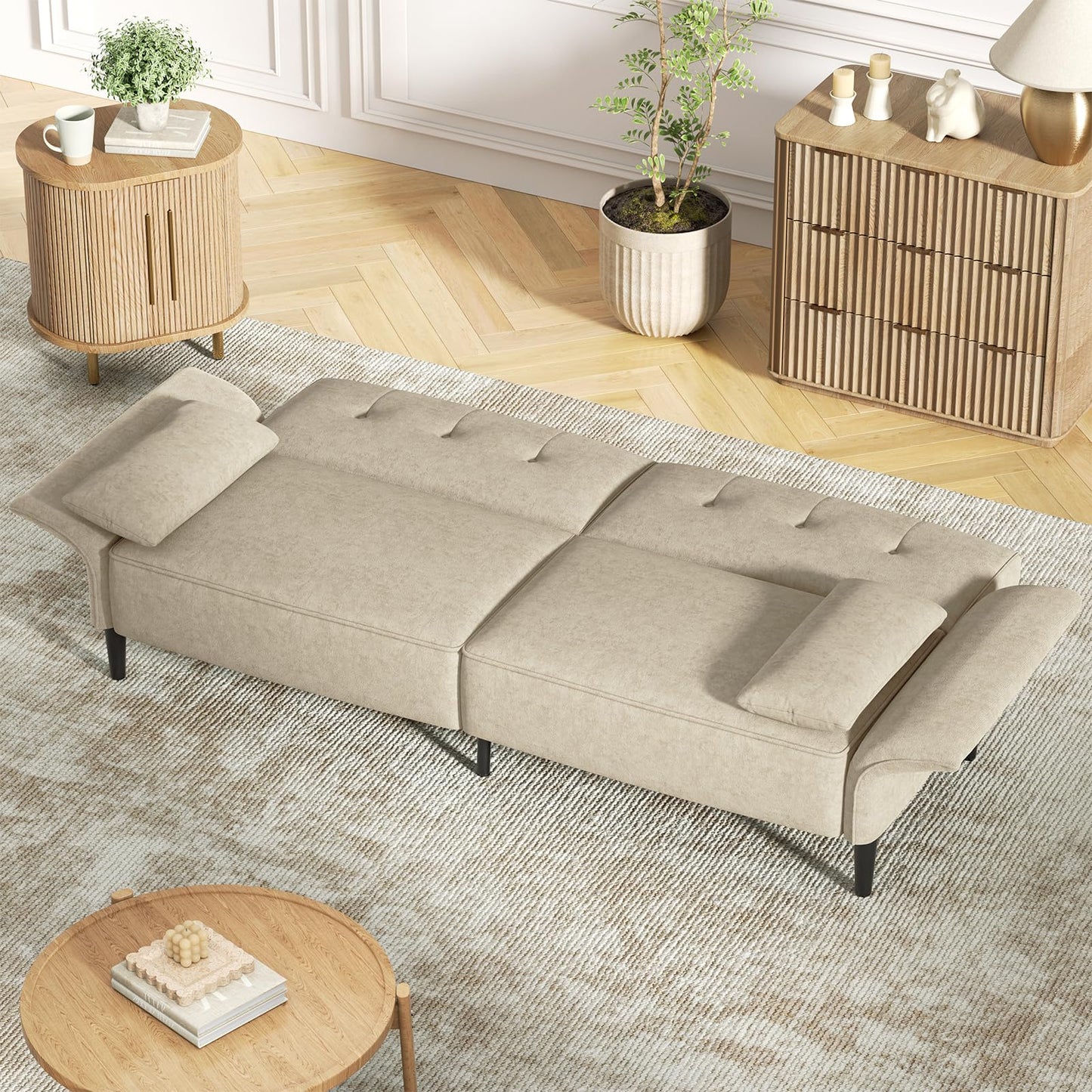 COPIAE 89” Futon Sofa Bed, Velvet Fabric Comfy Futon Couch Bed with 2 Square Pillows, Convertible Sleeper Sofa with Adjustable Backrest& Armrests, Modern Loveseat Sleeper for Living Room, Beige