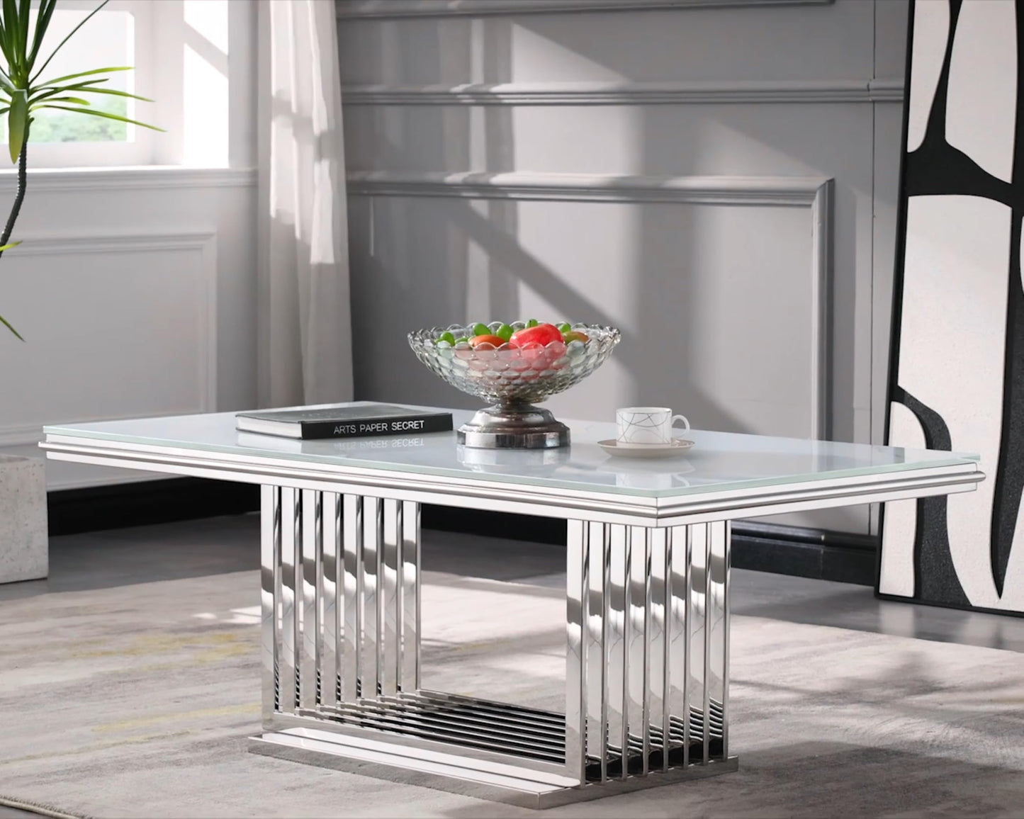 AUZ Silver Coffee Table, 50" White Glass Coffee Table for Living Room, Modern Rectangular Center Table with Gorgeous Mirrored Stainless Steel Base