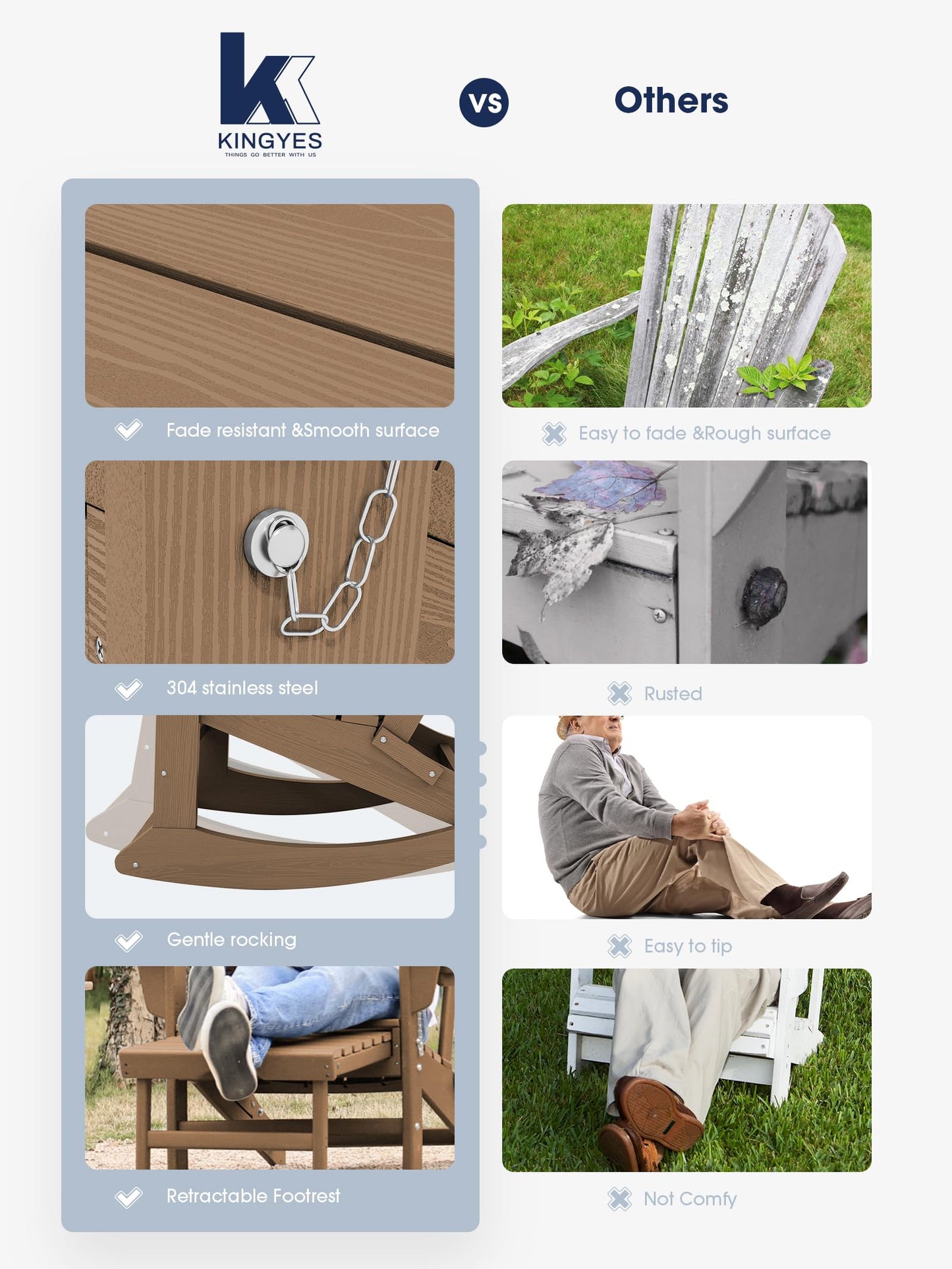 KINGYES Adirondack Rocking Chair Set of 2 with Retractable Ottoman and Cup Holders, HDPE Adirondack Rocker Patio Rocking Chair for Porch, Patio, Balcony, Brown