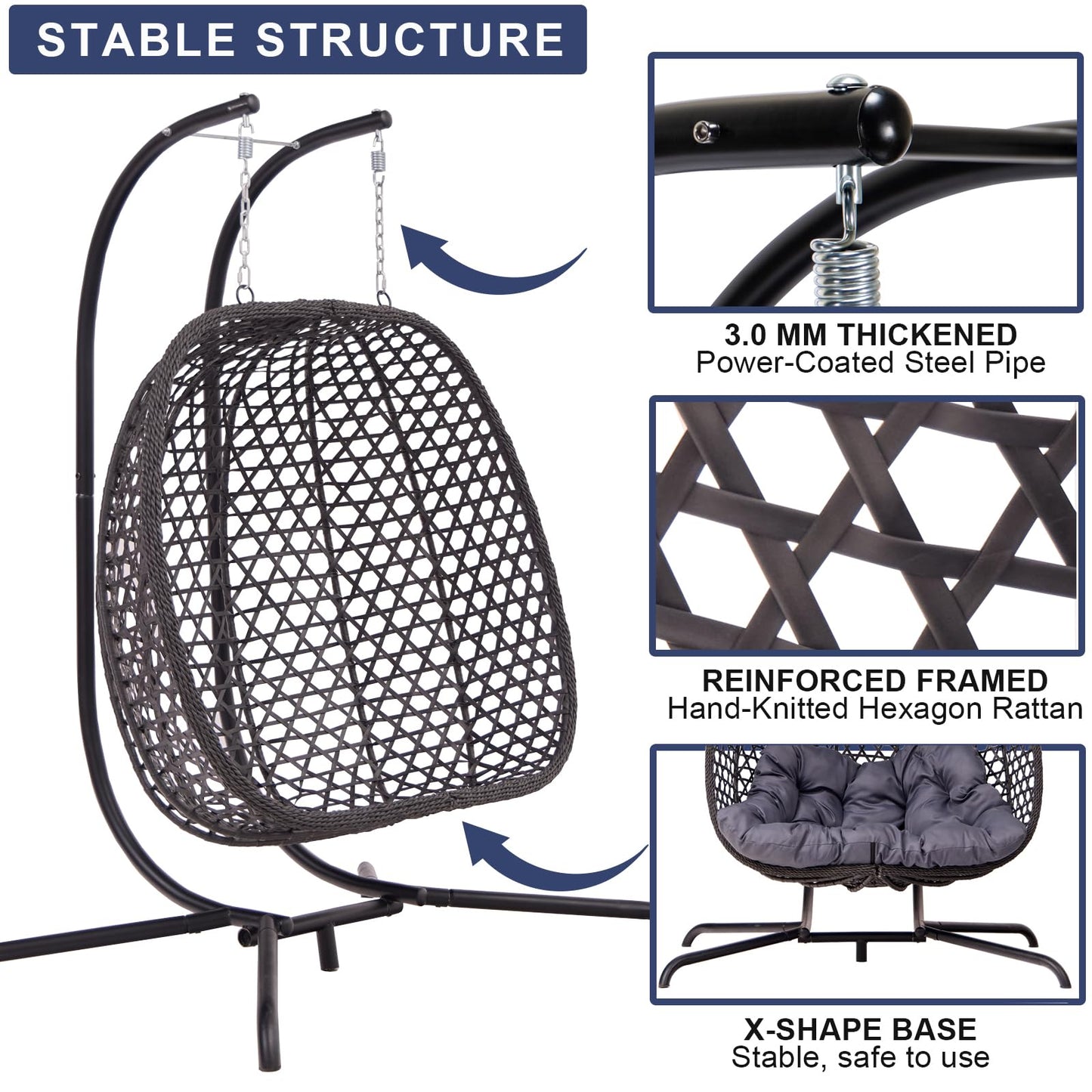 Double Swing Egg Chair with Stand, Foldable Wicker Hanging Swing Chair for Outdoor Garden Patio, 2 Person Egg Chair Loveseat with Removable Cushions (Dark Gray)