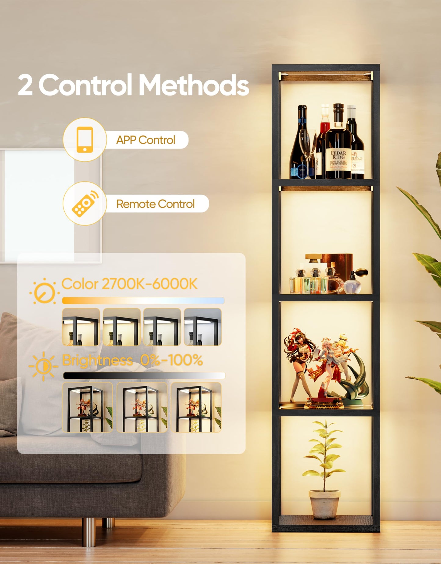 PARTPHONER Large Glass Display Shelf with Remote/APP Control, Dimmable LED Floor Lamp with Shelves, Open Display Cabinet, Color Temperature Control (2700K-6000K), Black