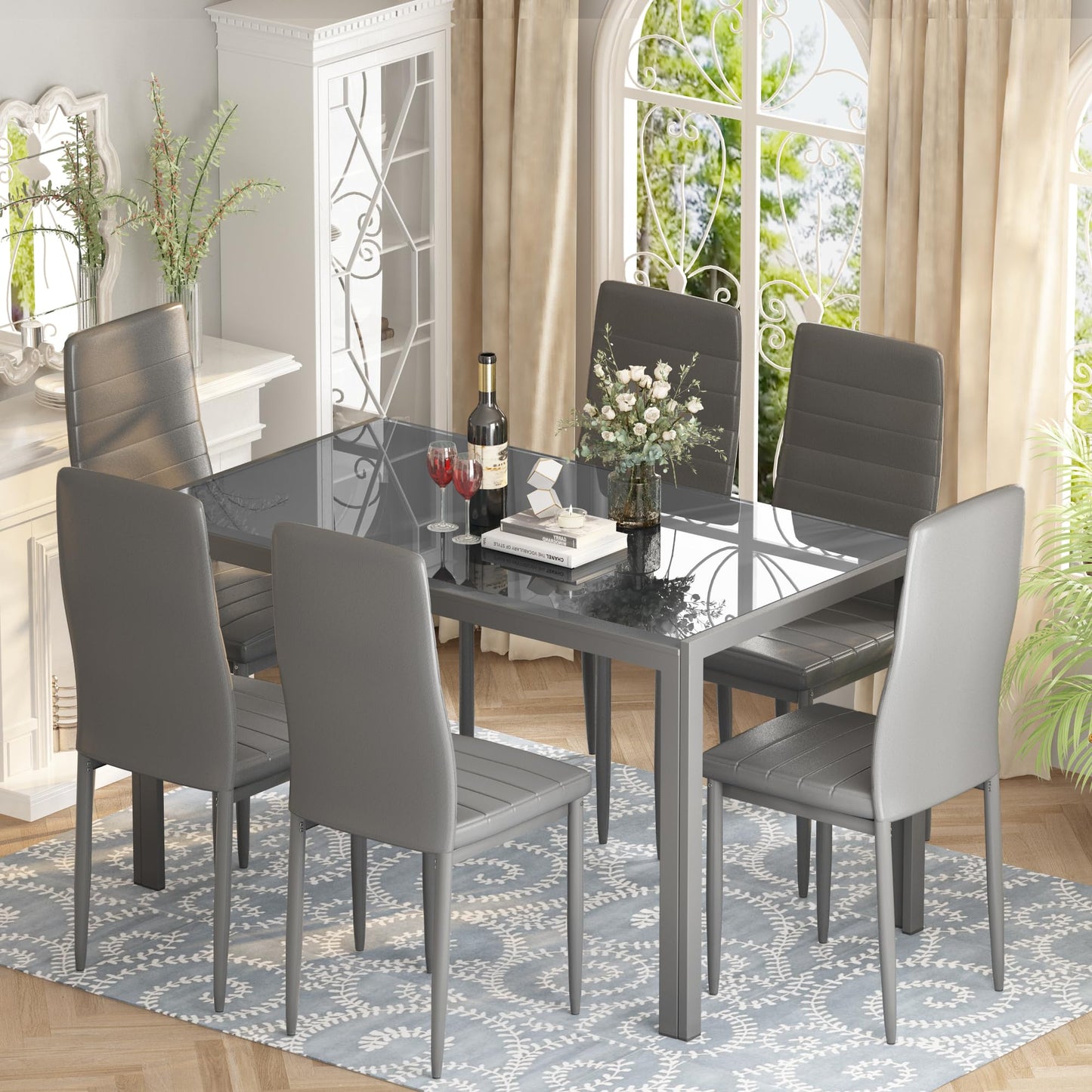 Hooseng Dining Table Set for 6, Tempered Glass Kitchen Table with 6 PU Leather Chairs, 7-Piece Dining Room Sets for Small Space, Dinette, Apartment