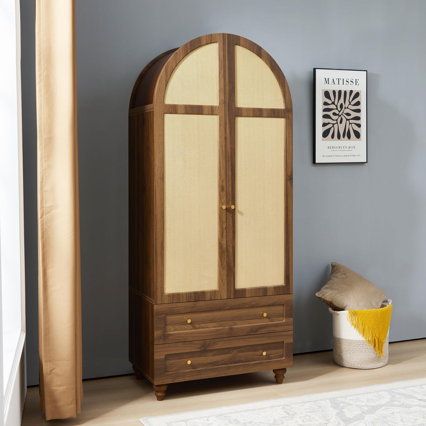 QEIUZON Wardrobe Closet, Arched Rattan Wardrobe Cabinet with Hanging Rod & 2 Drawers, 75" Freestanding Storage Cabinet for Living Room, Laundry Room (Walnut)