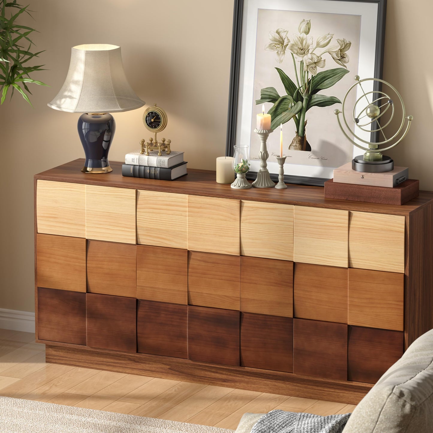 Lamohome 9 Drawer Dresser with Solid Wood Drawer Fronts, 65" Chest of Drawers Modern Wood Dresser with Artistic Gradient Finish for Bedroom & Living Room