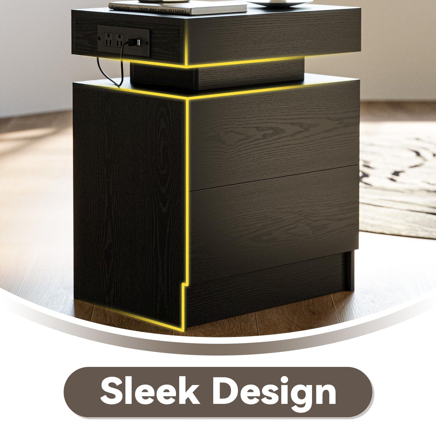 LIKIMIO Night Stand Set of 2, Modern Black Nightstand with with Charging Station, Bedside Tables with LED Light and Drawers, End Table for Bedroom, Livingroom