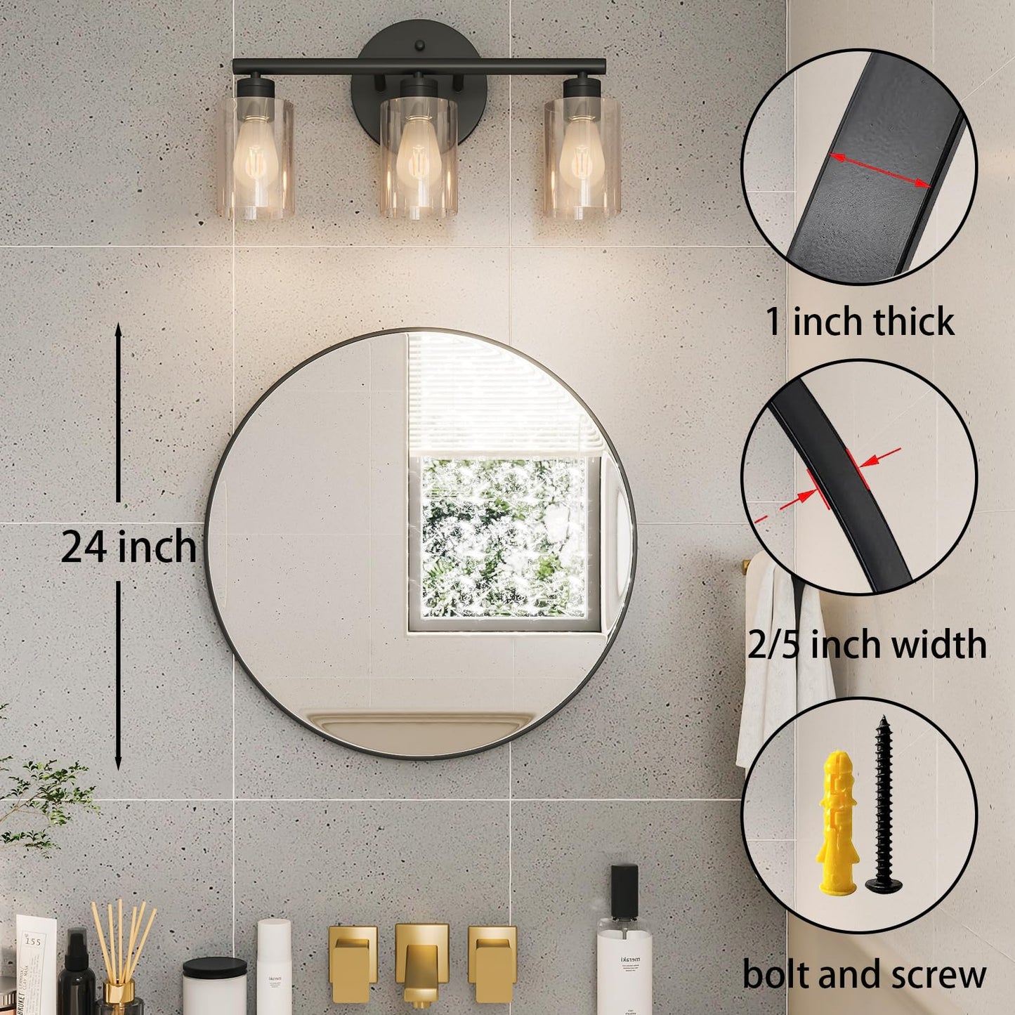 Growsun Black Round Mirror 24 inch, Wall Mounted Circle Mirror, Metal Framed Mirror for Bathroom Vanity, Bedroom Home Decor Mirros