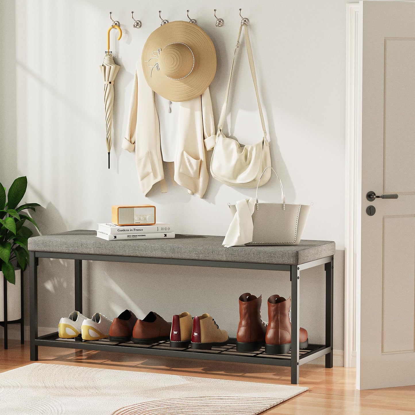 Masigle Shoe Bench, Entryway Bench with Cushion Seat, Shoe Rack Bench with Storage, Modern Style, Holds Up to 350 lb, for Living Room, Bedroom, Hallway, Grey