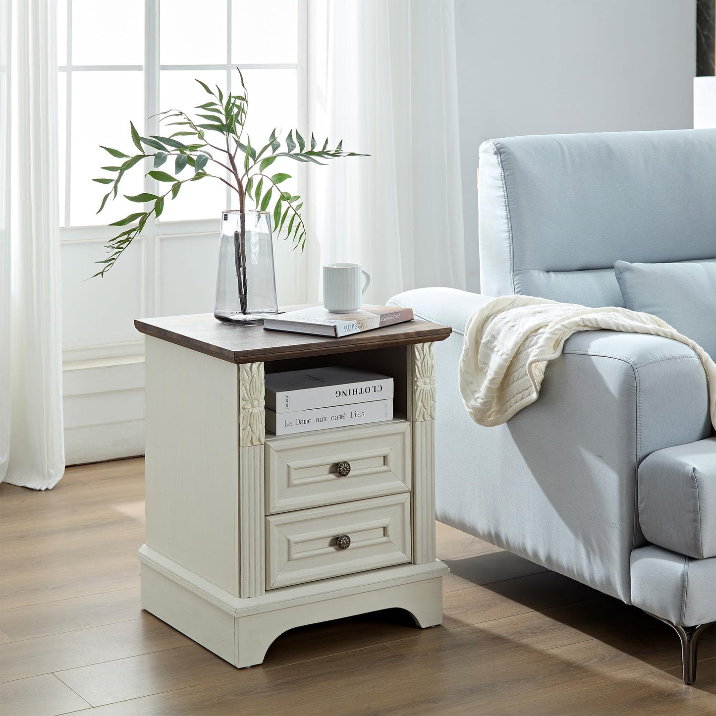 BOSHIRO Farmhouse Nightstand wtih Charging Station, 20" End Table with 2 Drawers, Night Stand Side Table Storage Cabinet with Carved Pilasters for Bedroom, Living Room, Wood Rustic, Antique White