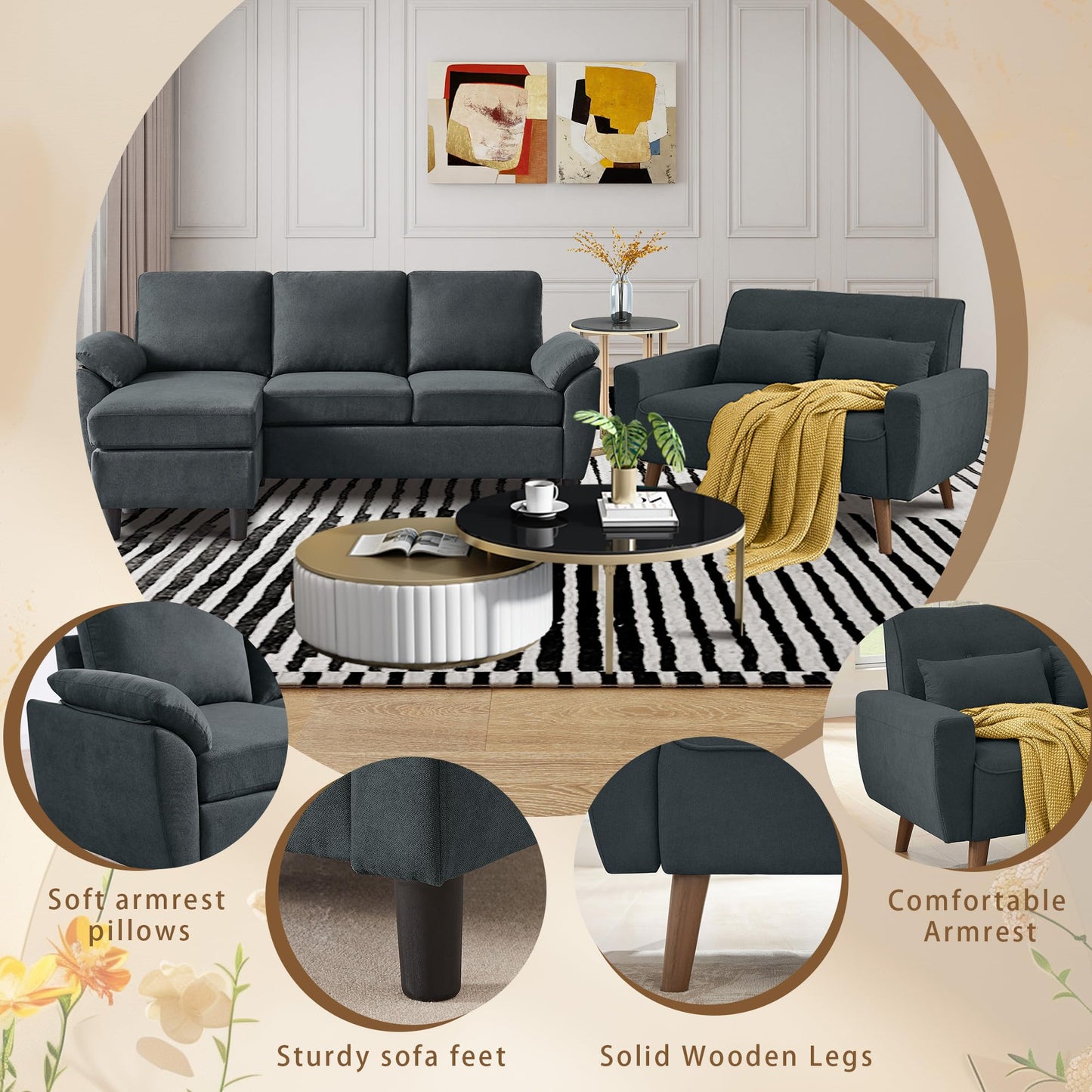 Jarenie 79" Convertible Sectional Sofa Sets, Modern L Shaped 3-Seat Couches with Reversible Chaise and Loveseat Sets for Living Room, Apartment, Dark Grey