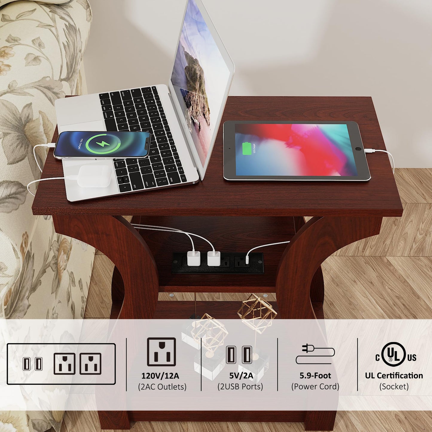 FROMJBEST End Tables Living Room Set of 2,Cherry End Table with Charging Station,Side Table, Nightstand for Bedroom, 3 Tier End Table with Storage Shelf for Living Room(Cherry)