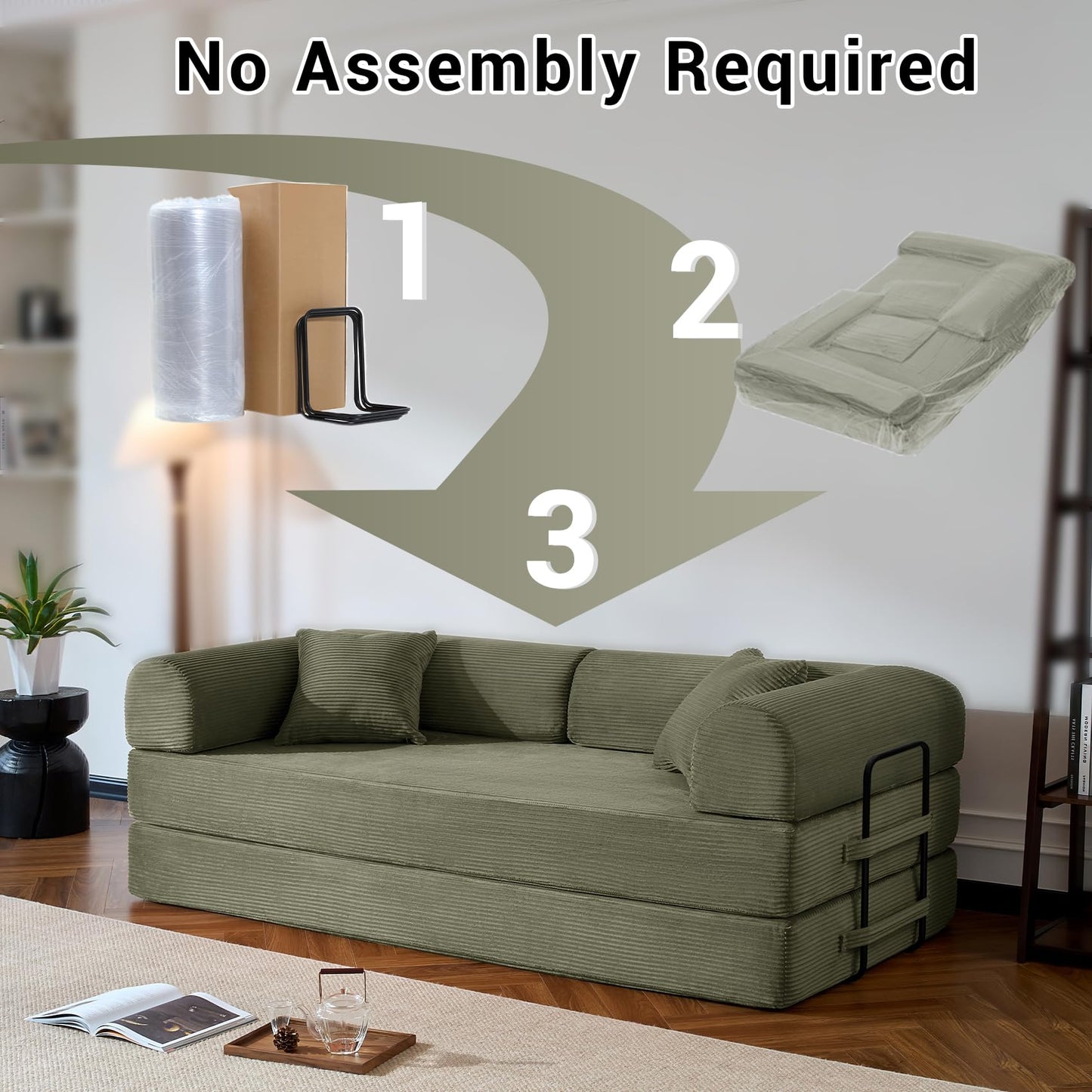NNQ Compressed Sofa - Convertible Sofa Bed, Corduroy Compression Boneless Couch in a Box, Comfy Modular Foldable Floor Sleeper Sofa for Bedroom, Living Room (Corduroy Fabric, Green)