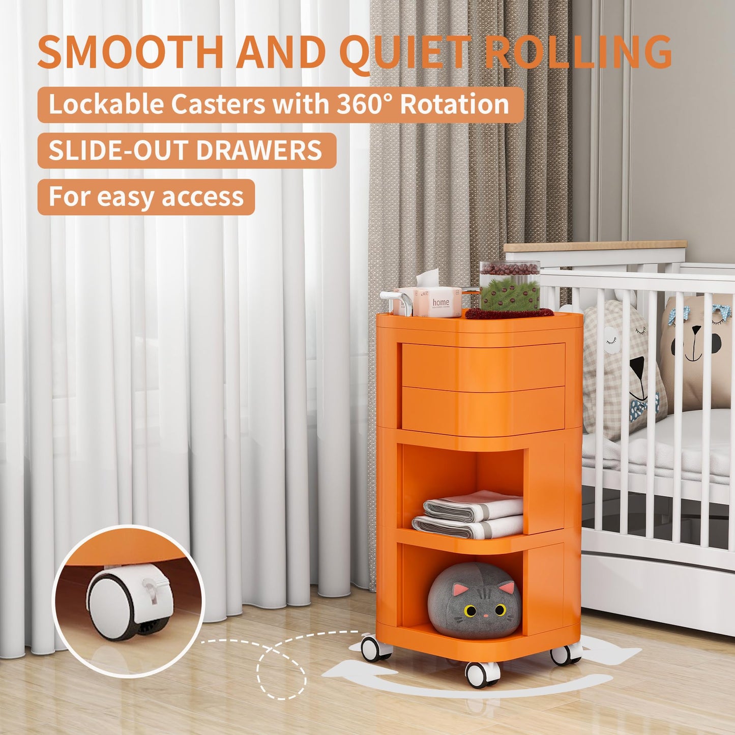 Edospaen Nightstand End Table Sofa Side Table Bedside Storage Organizer Cart with Drawers & Wheels, Multipurpose Portable Utility Cart Snack Storage Cart Trolley Cart