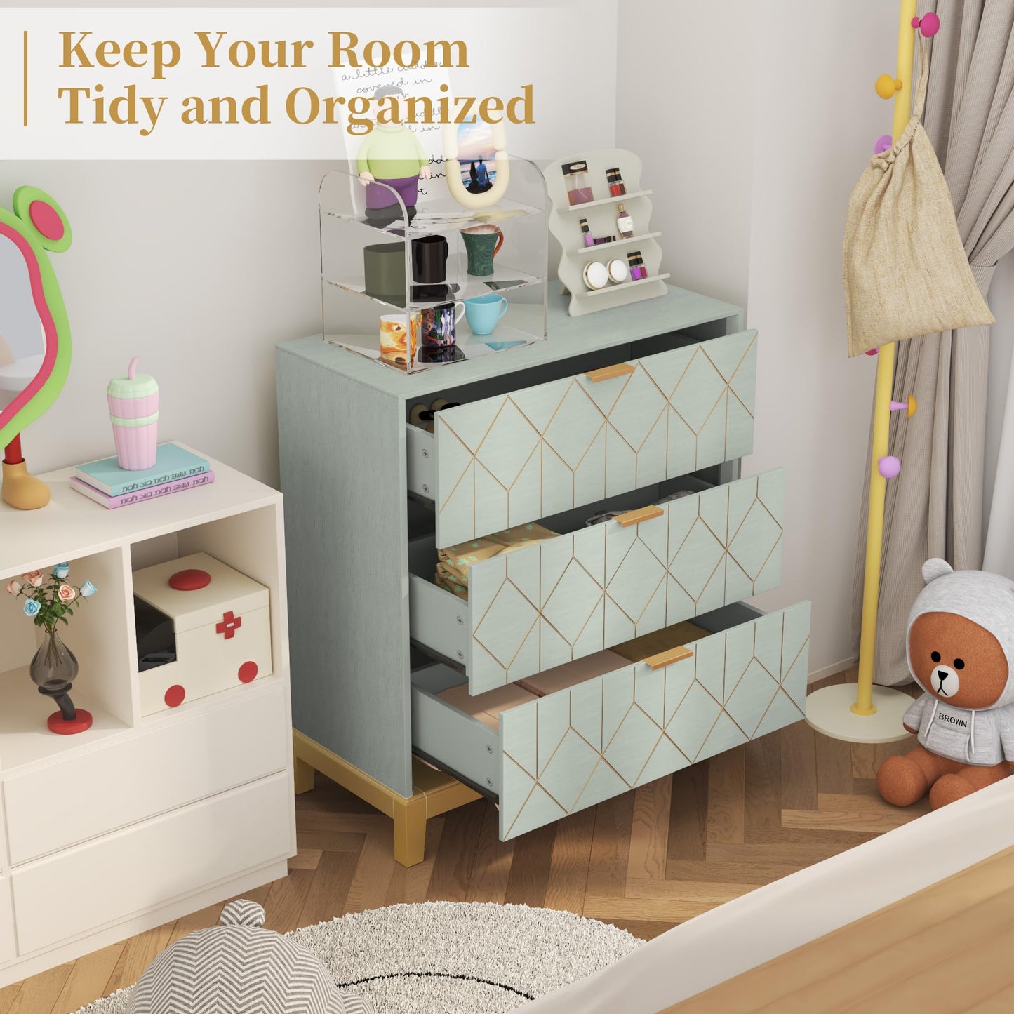 HLR 3 Drawer Dresser for Bedroom, Modern Wood Chest of Drawers with Gold Trim, Accent Dresser Storage Tower, Green Organizer Cabinet for Closet, Living Room, Hallway, Entryway