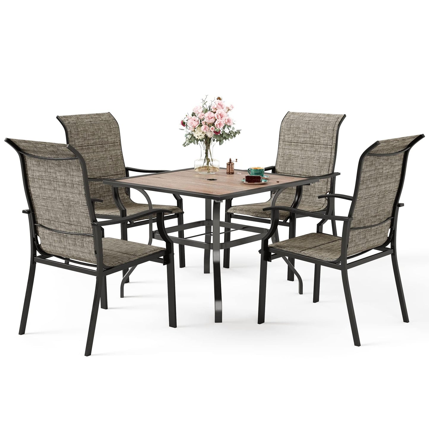 SUNSHINE VALLEY 5 Pieces Patio Dining Sets for 4 Person, Outdoor Table and Chairs Set with Wood-Like Patio Dining Table(1.57" Hole) & 4 Textilene Patio Dining Chairs, Outdoor Dining Sets for Deck