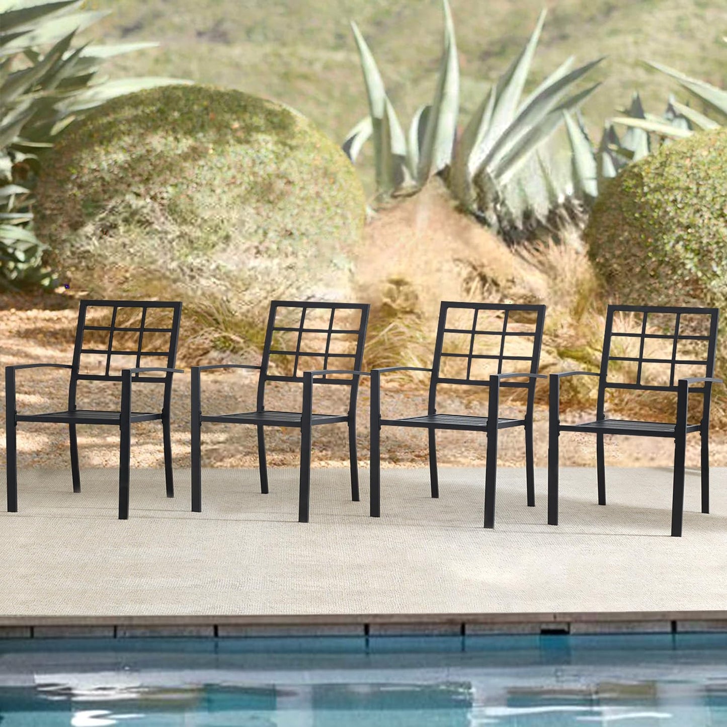 Metal Chairs Set of 4 Outdoor Chairs, Stackable Chairs with Grid-Patterned Backrest & Solid Armrests, All-Weather Seating for Patio, Garden, Yard & Outdoor Spaces