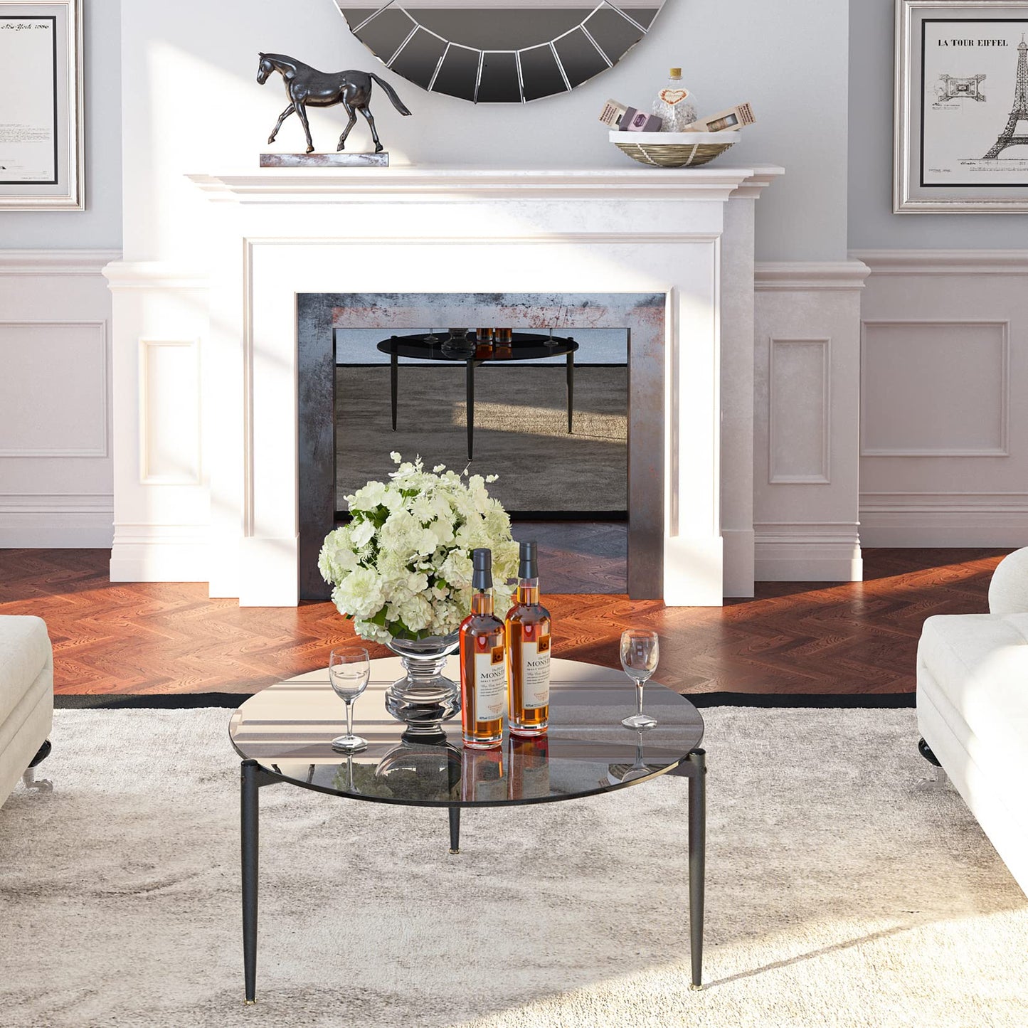 Artloge Round Tempered Glass Table: 31.5 inch Large Circle Top Storage Shelf with Metal Frame, Modern Coffee Table Center Desk Luxury Furniture for Living Room, Grey