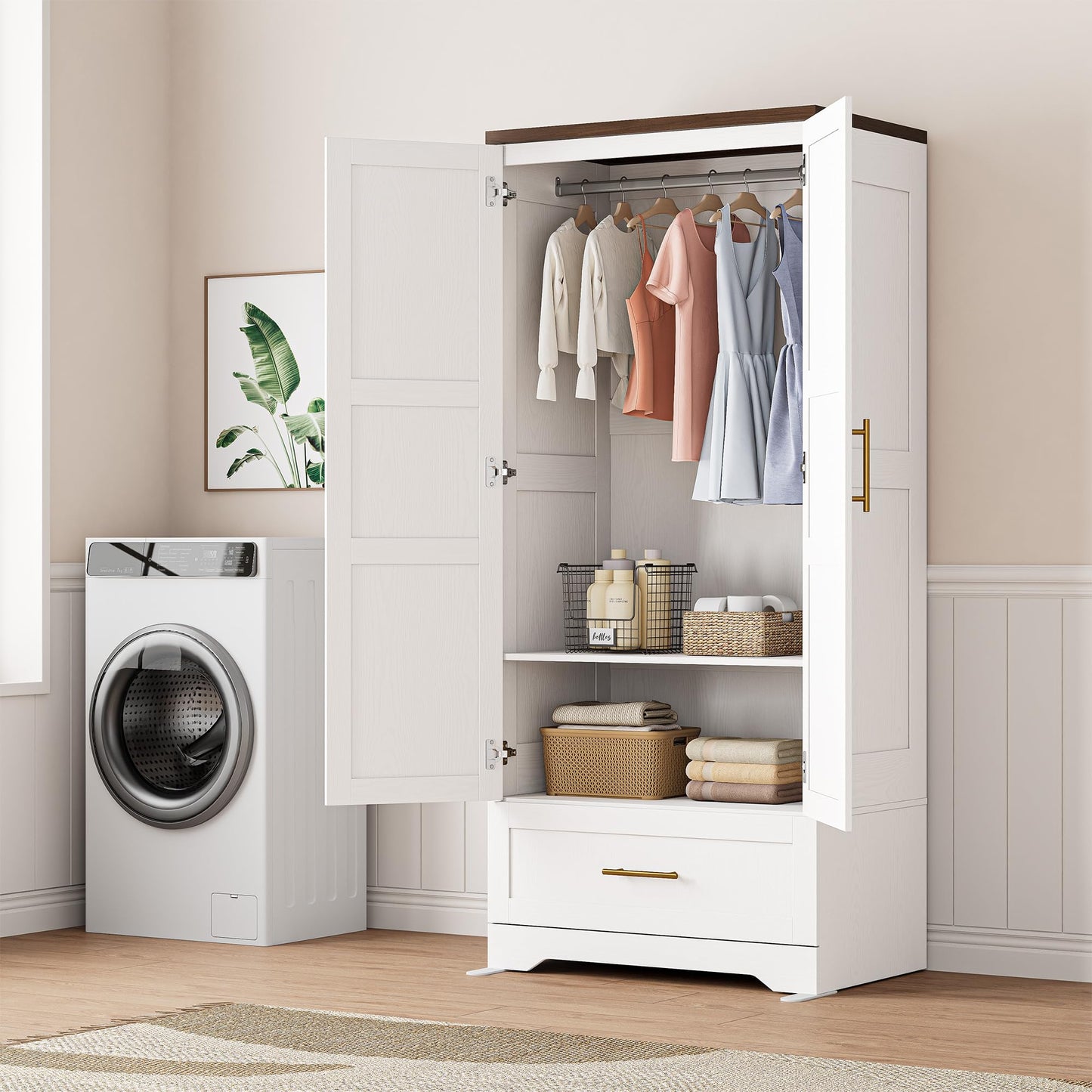 IRONCK Wooden Armoire Wardrobe Closet, 71" Tall Wardrobe Cabinet with Drawer and Door, Bedroom Wood White Clothes Storage Cabinet with Hanging Rod and Shelves