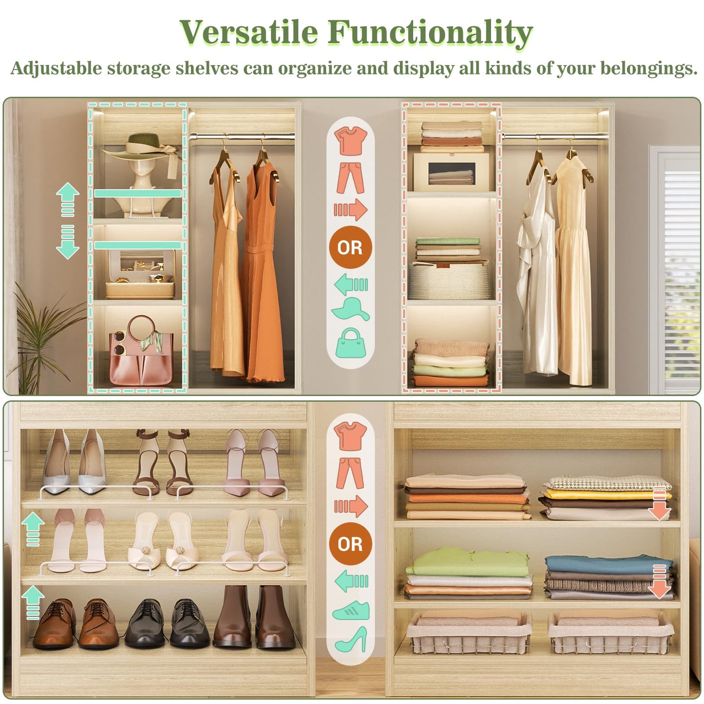 Besiost Closet System, 111"/9.3 FT Closet Organizer System with 8 Drawers and Shelves, Can Fit 120"/10FT Walk-in Closets Systems, Free Standing Reach in Closet Tower, Load 2400+LBS, Greige