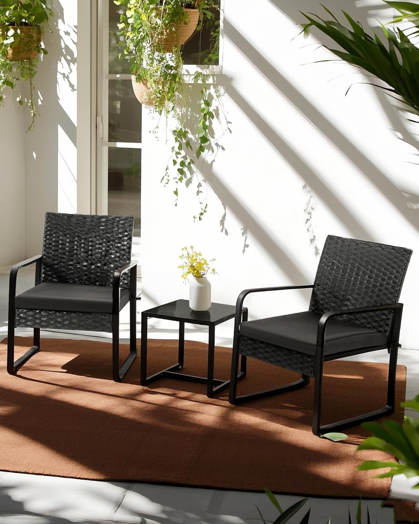 Bezseller 3 Piece Outdoor Patio Furniture Set, Patio Bistro Set Wicker Conversation Set, Modern Rattan Chair with Glass Coffee Table for Backyard, Porches, Poolside, Lawn and Balcony