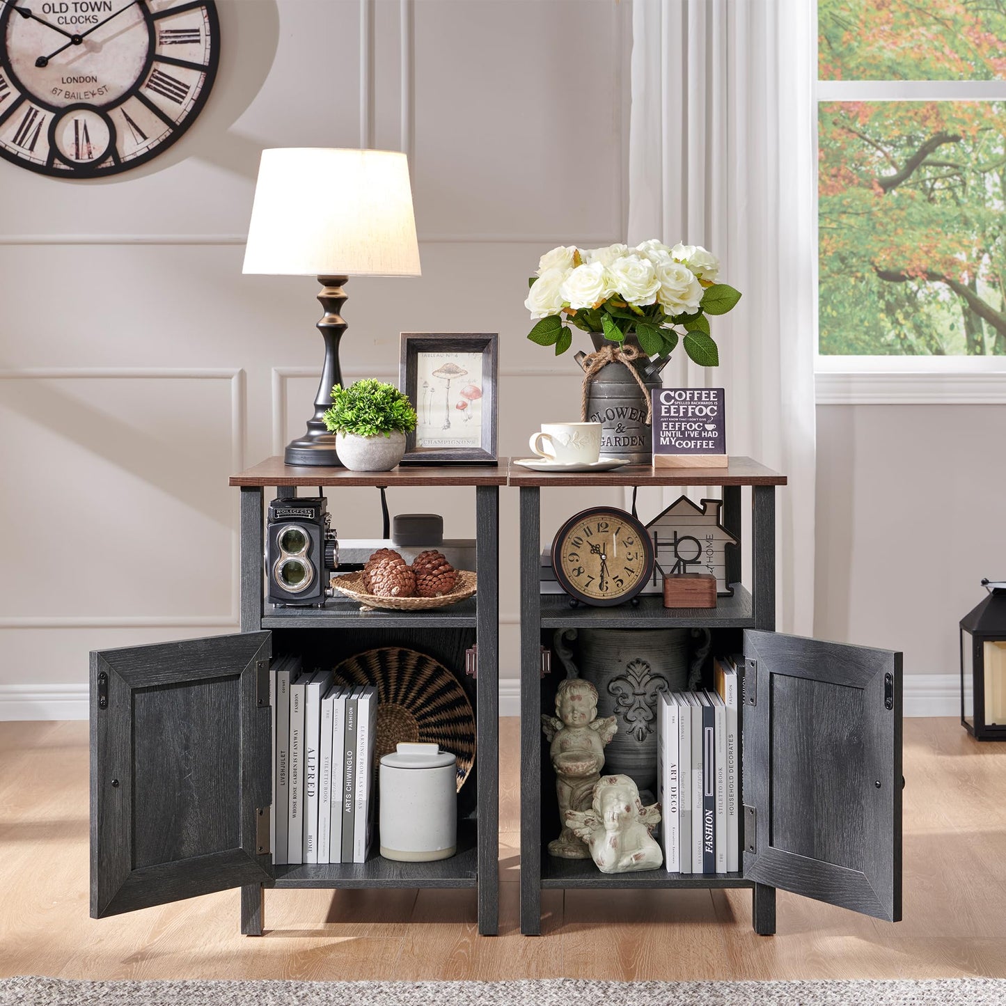 IFGET Farmhouse Nightstand Set of 2, End Table with Charging Station, Rustic Side Table w/Barn Door & Open Shelves, Bedside Table w/Storage Space and Storage Cabinet for Bedroom, Living Room Dark Grey