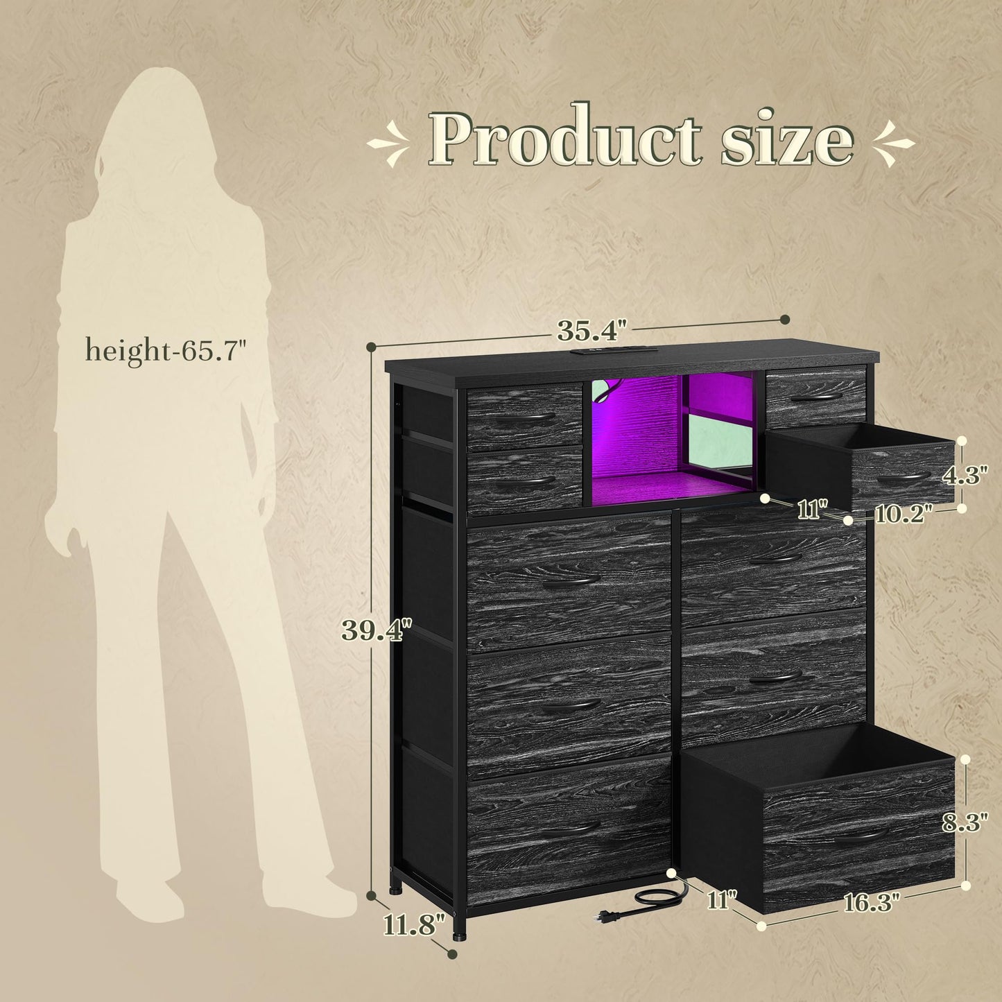 DurayLoly Dresser for Bedroom with Charging Station and LED and 10 Fabric Drawers, Sturdy Bedroom Dresser for Storage, Closet, Hallway (Black)