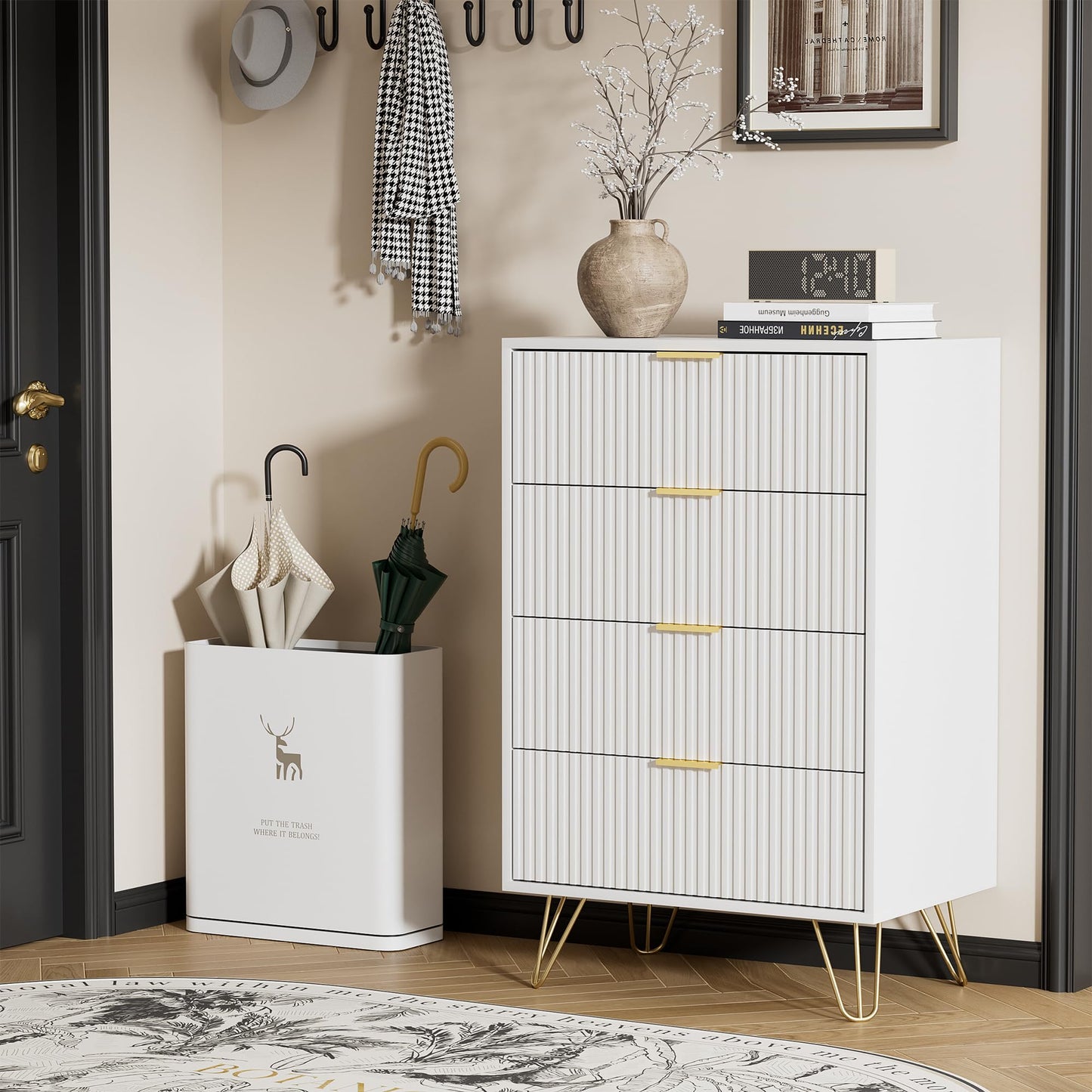 Furniway White Dresser for Bedroom, Modern Wide Dresser with Gold Pulls and 4 Drawers for Bedroom, Closets, 15.7" D x 23.6" W x 37.4" H