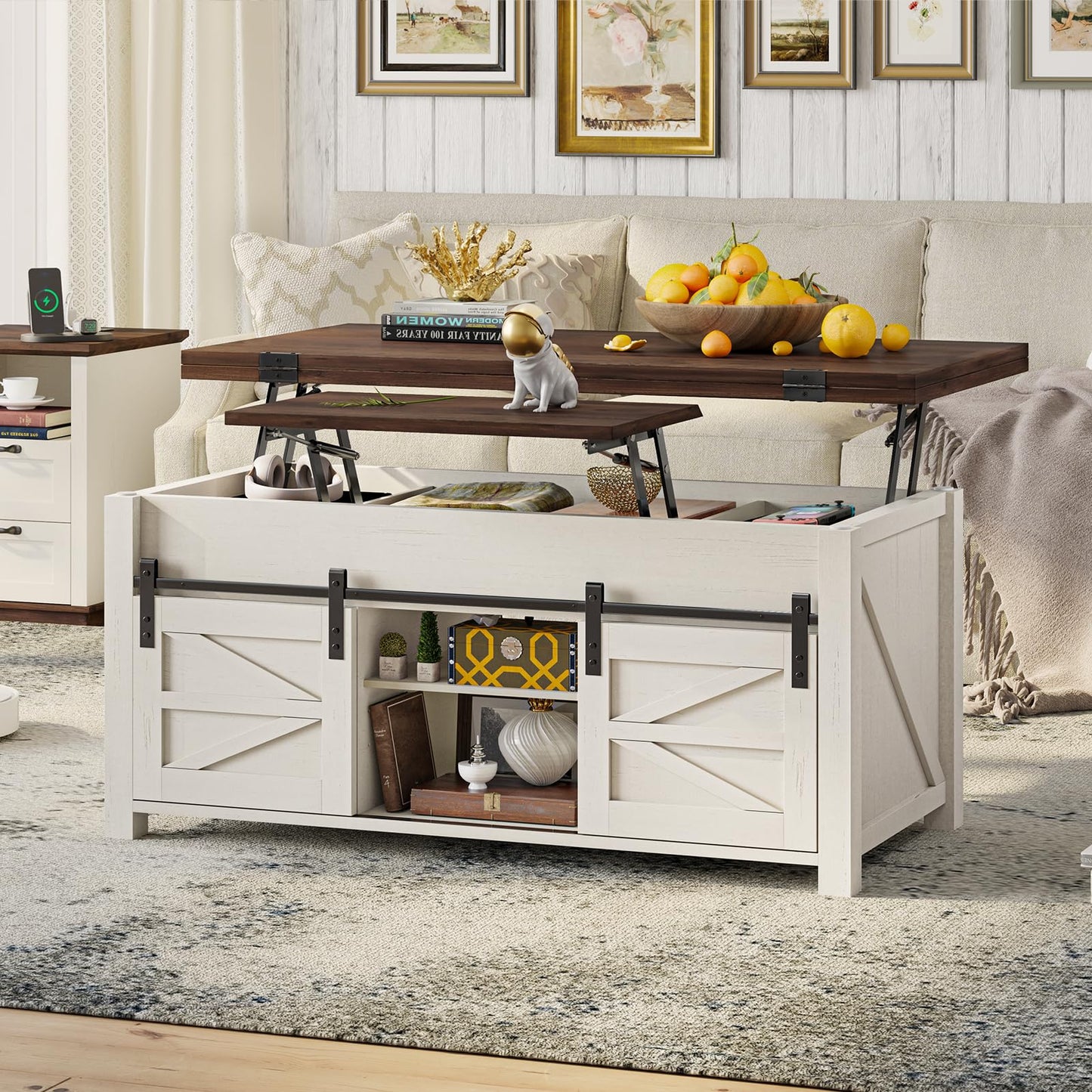 UPOSOJA Lift Top Coffee Table for Living Room with 4 Sliding Barn Doors, 4 in 1 Farmhouse Coffee Table with Adjustable Shelves and Hidden Storage Compartment, Converts to Dining Table (Brown White)