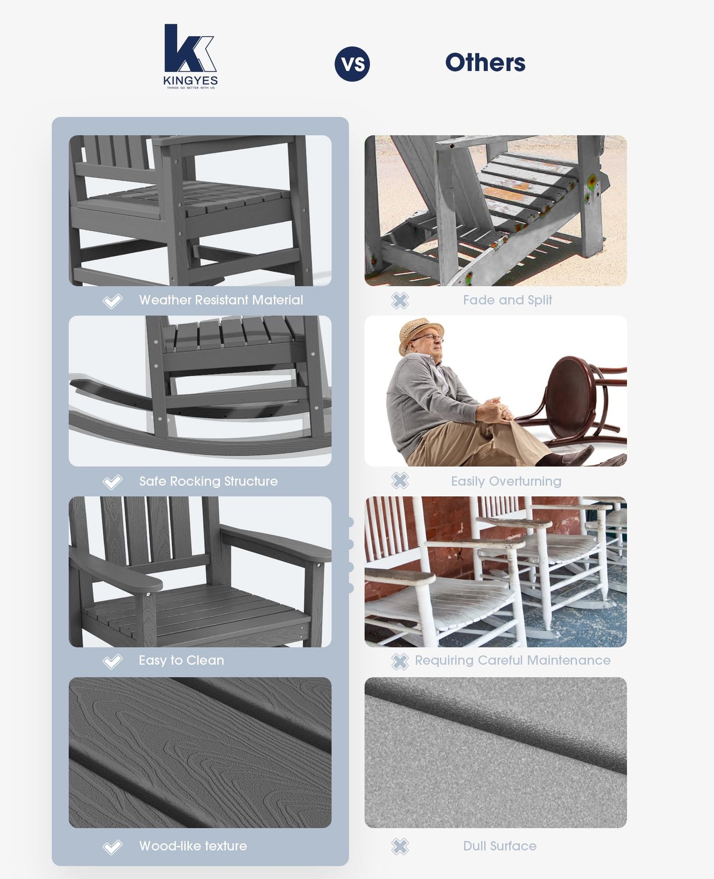 KINGYES HDPE Rocking Chair Outdoor with Thick Cushions, All-Weather Patio Rocking Chair Porch Rocker for Outside, Grey Chair with Beige Cushion