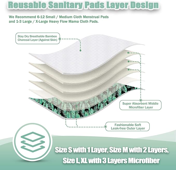 wegreeco Reusable Menstrual Pads - Reusable Sanitary Pads | Reusable Panty Liners | Soft Cloth Menstrual Pads - 6 Pack with 1 Cloth Mini Wet Bag (Large, Leaves