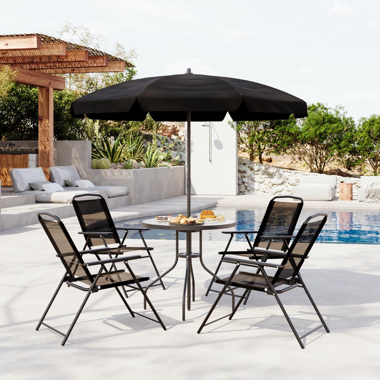 Tornivk 6 Pieces Patio Dining Set for 4, Small Outdoor Patio Table and Chairs Set, Patio Furniture Set with Umbrella & 4 Folding Chairs Portable Garden Dining Table Set for Garden, Backyard, Lawn