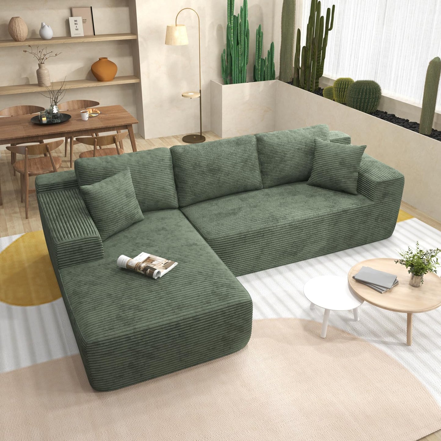 OC Orange-Casual 106.3" Cloud Sectional Couch with L-Shape Chaise,No Assembly Required Modular Sofa,Upholstered Boneless Couches for Living Room, Plush Corduroy Fabric (Green, Left Facing Chaise)