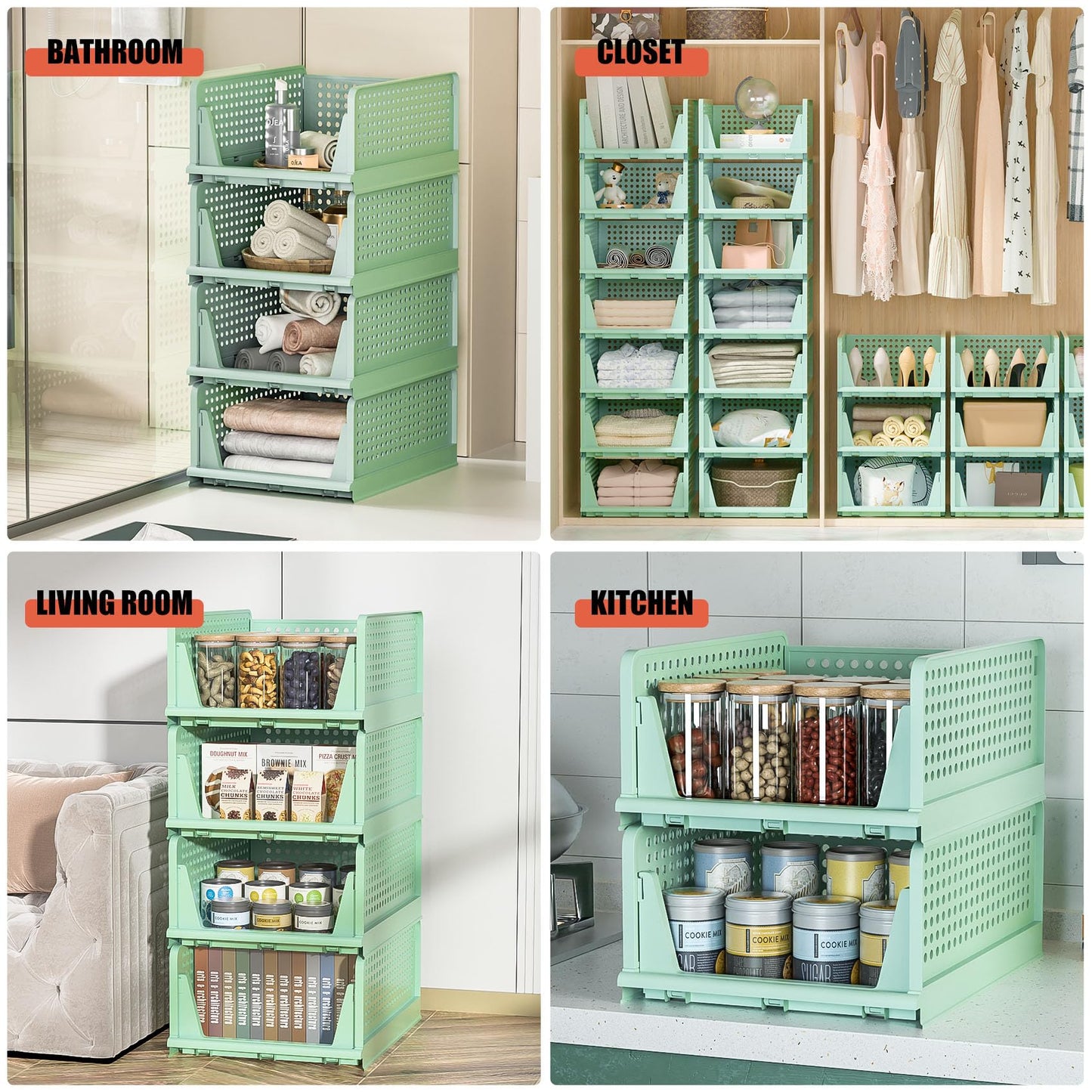 Neprock Closet Organizers - 5 Pack Folding Plastic Drawer Storage for Clothes, Stackable Bins for Closet, Cupboard, RV Bathroom (5L Green)
