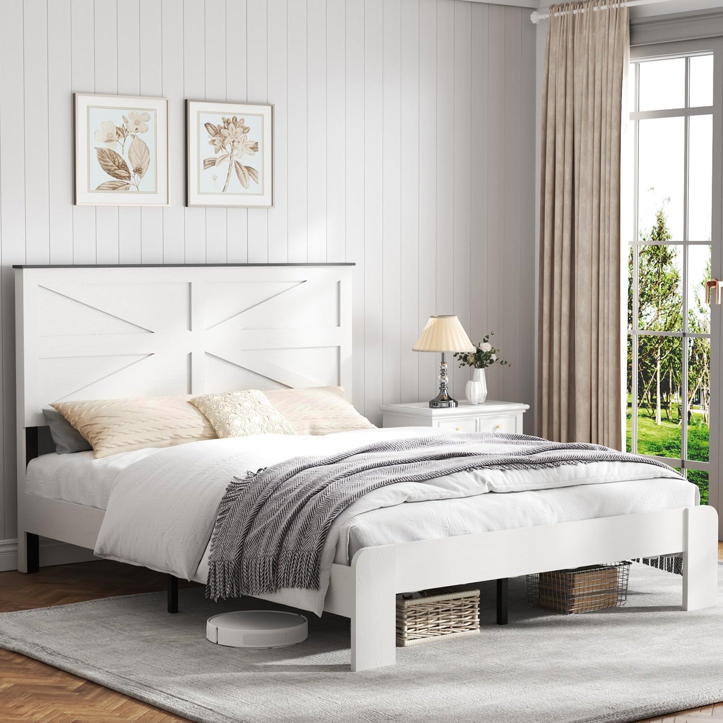 SAMTRA Wooden Bed Frame Queen Size with Headboard, Farmhouse Platform Bedframe with Wood Slat Support, Sturdy Framework Bed Frame, Easy Assembly (Rustic White)