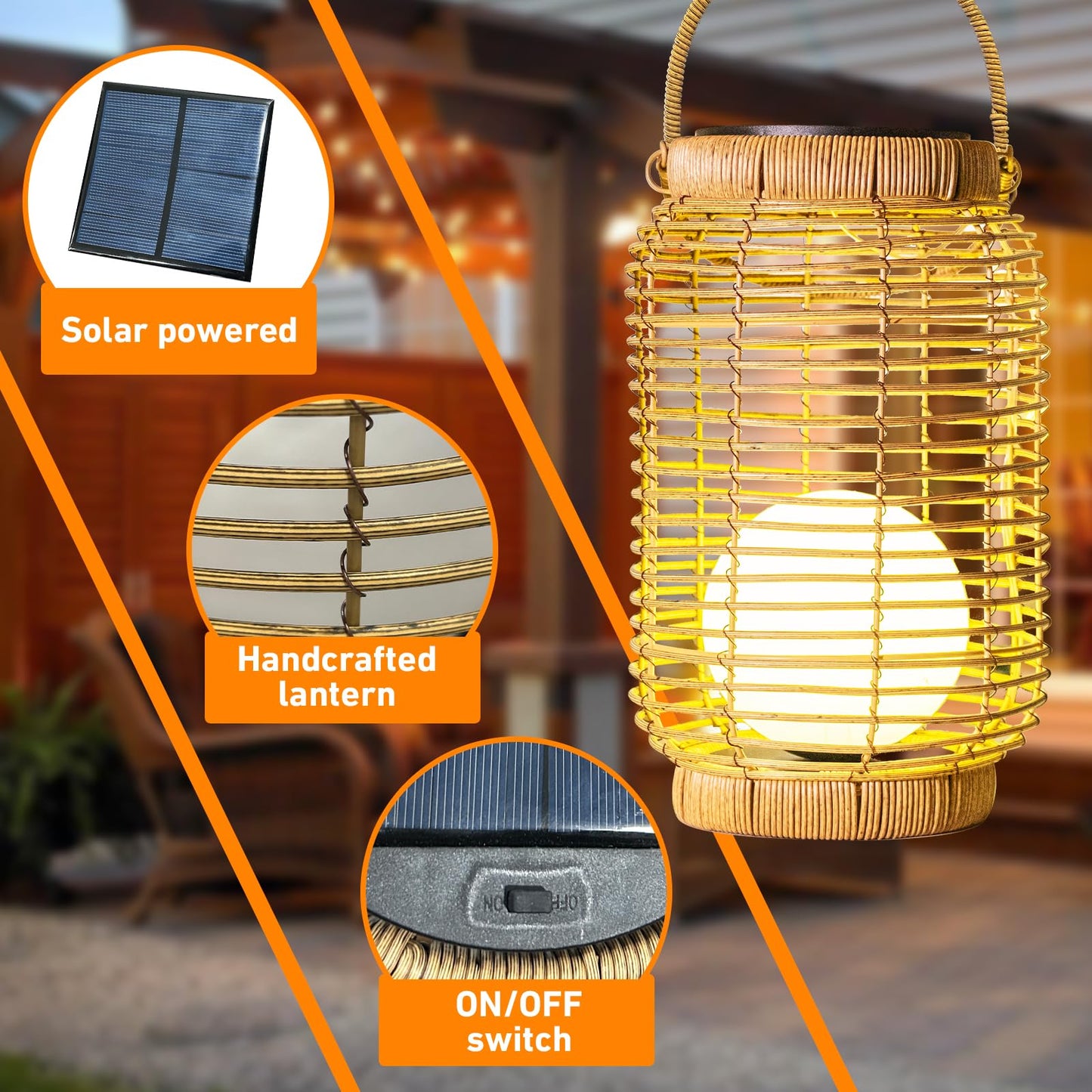 Louxiar Solar Lantern Outdoor Waterproof, Large Hanging Solar Lights Natural Woven Rattan, 12" H Solar Powered Decorative Lantern with Handle for Gardens Patios Pathways Outside Tabletop Decor