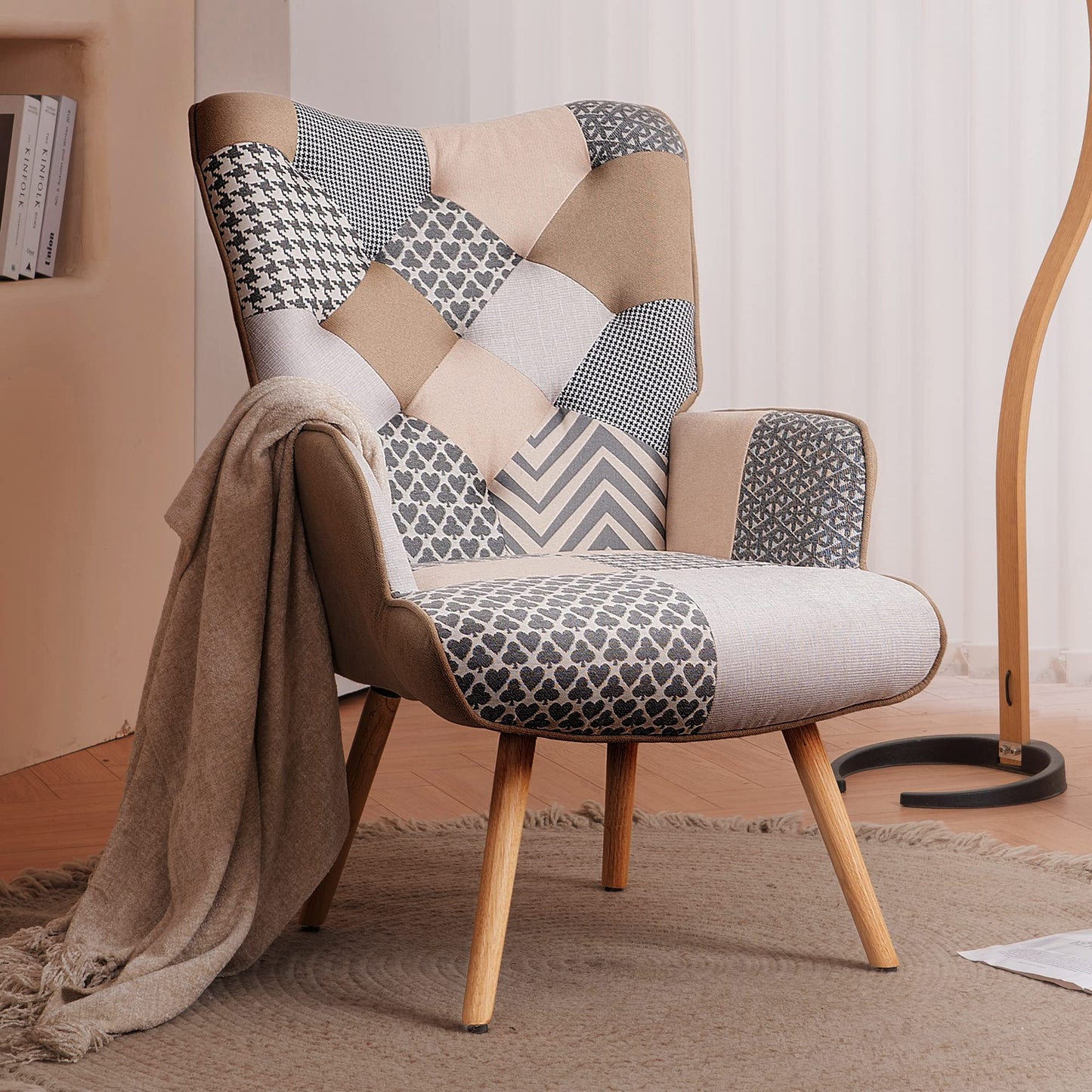 Joysoul Living Room Accent Chair Modern High Back Arm Chair, Grey Plaid Chairs for Bedroom Waiting Room