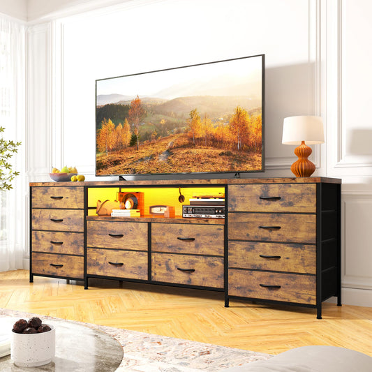 12 Drawer Dresser TV Stand for 65 70 75 Inch TV 63" W Extra Long Dresser for Bedroom with LED Lights & Power Outlets Entertainment Center with Fabric Drawers for Closet, Rustic Brown