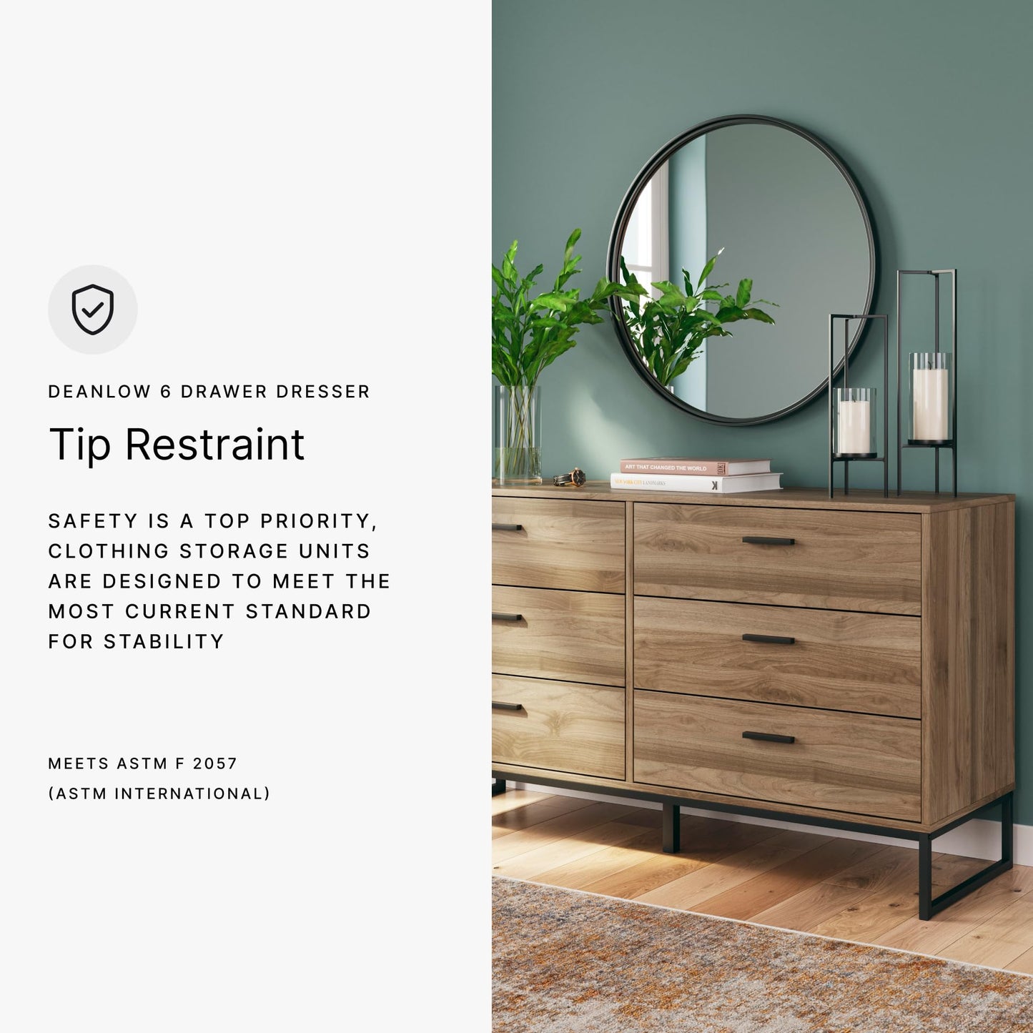 Signature Design by Ashley Deanlow Mid-Century Modern 6 Drawer Dresser with Safety Stop for Bedroom, Light Brown & Black