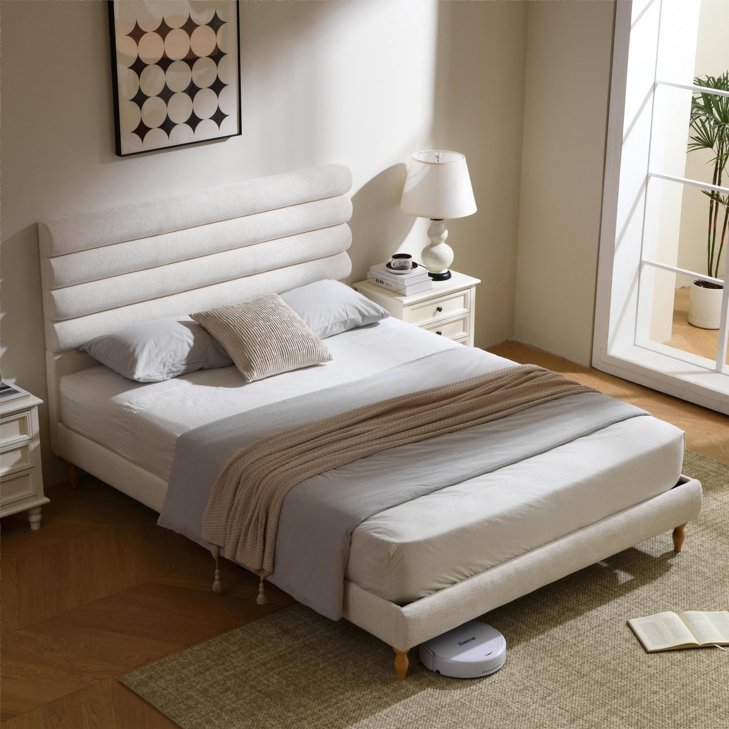 PINJU Queen Size Upholstered Bed Frame with Roundwood Stacked Headboard, Solid Wood Feet, No Noise, Wooden Slat Support, No Spring Mattress Required, Easy to Assemble（White, Queen）