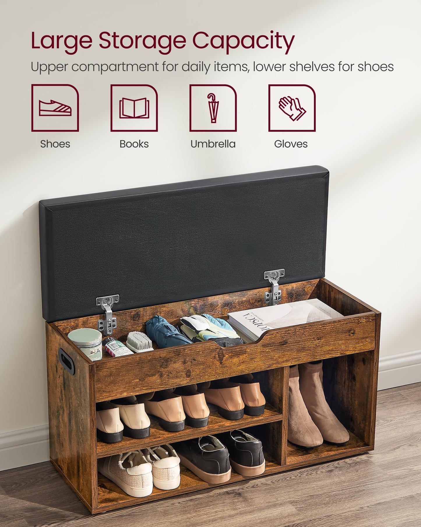 VASAGLE CUSTOS Collection - Storage Bench with Cushion, Shoe Bench, Padded Seat, Hidden Storage, Entryway, Hold up to 300 lb, 11.8 x 31.5 x 17.3 Inches, Rustic Brown and Ink Black ULHS30BX