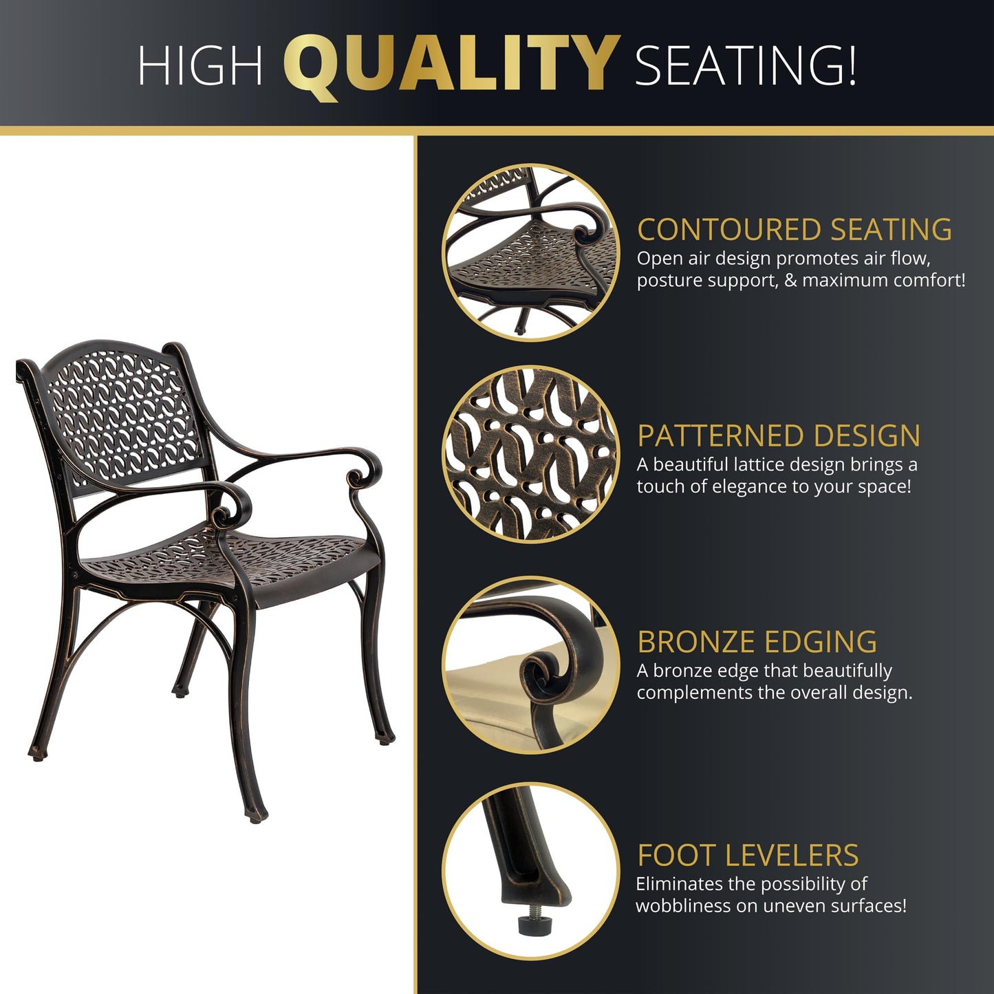 Kinger Home 5-Piece Cast Aluminum Outdoor Dining Furniture Set for 4, Round Patio Table and Chairs for 4 with Cushions, Outdoor Furniture Set with Umbrella Hole, All-Weather Patio Dining Set