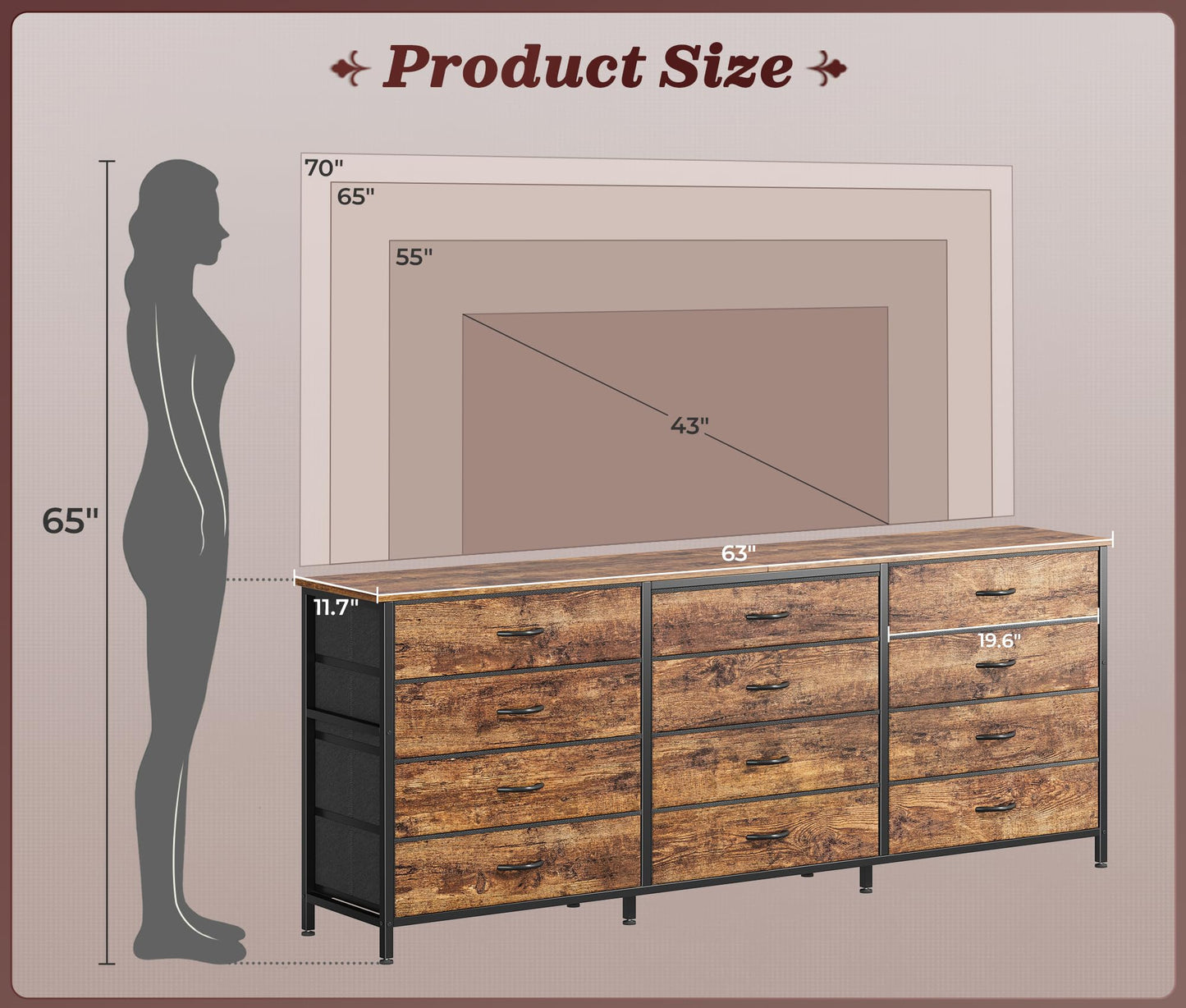 Huuger 63 Inch Long Dresser for Bedroom, TV Stand for 65, 70 Inch TV, 12 Drawer Dresser for Closet, Chest of Drawers, Large Fabric Drawers for Bedroom, Media Console, Rustic Brown
