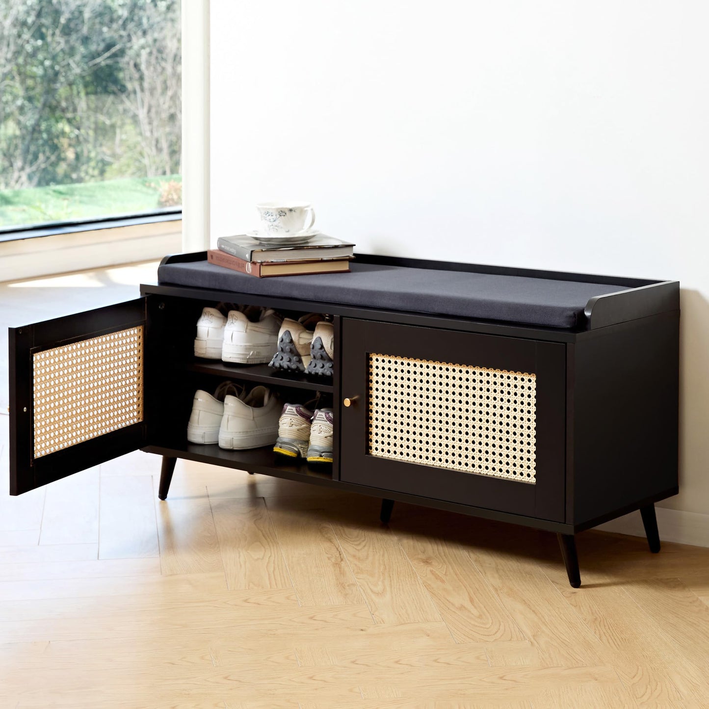 Netstar Storage Bench, Shoe Bench with Padded Seat Cushion, Entryway Bench with 2 Doors, Shoe Storage Bench Adjustable Shelf, 39.3’’W x13.8’’D x18.9’’H Shoe Cabinet for Entryway, Living Room, Bedroom