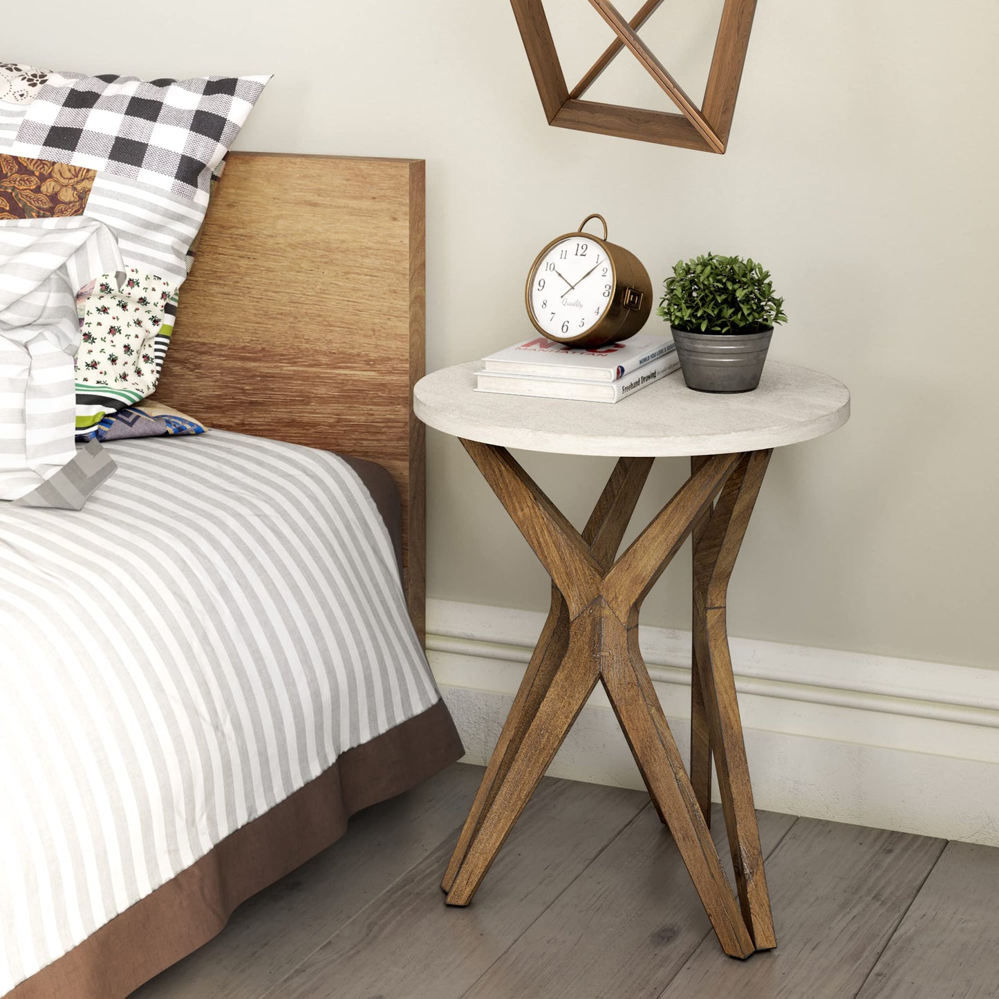 LONYKE Pedestal Farmhouse End Table, Distressed Top with Tripod Base Bedside Table for Living Room, Modern, Boho Decor, Round (1 Pack, White & Walnut)
