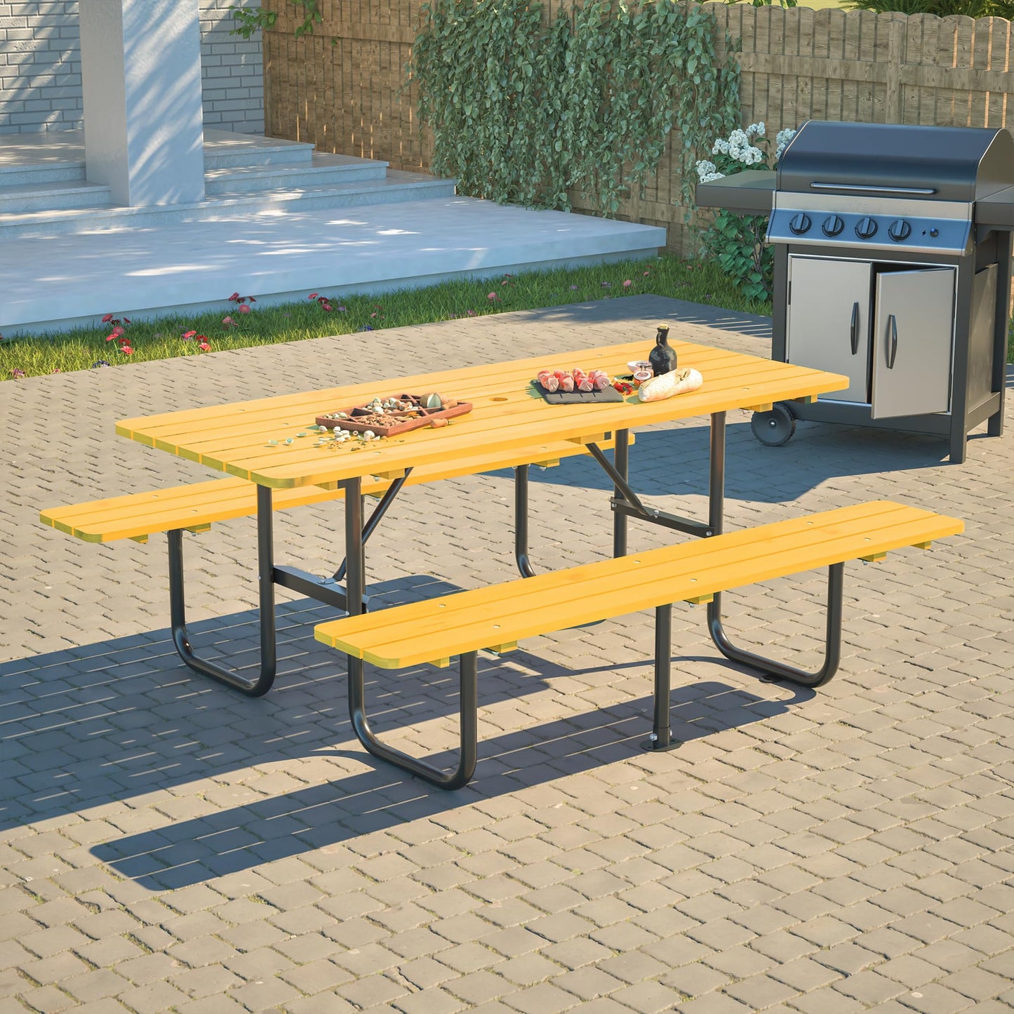 Outdoor Picnic Table with Benches, 6 - Person Picnic Table, Wooden Patio Dining Set, 1.97'' Umbrella Hole, Waterproof and Rounded Corners Design for Backyard, Garden, Park, Restaurant, Picnic, Yellow