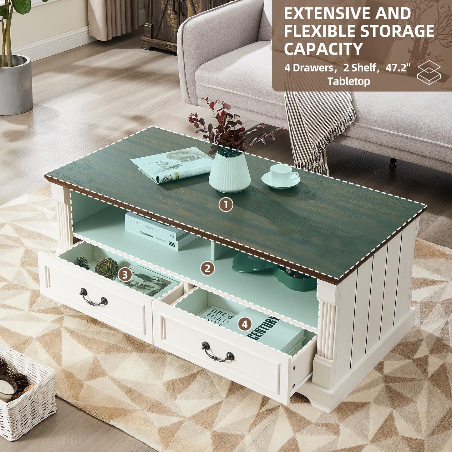 Minifeel 48'' Wood Coffee Table for Living Room, Farmhouse Coffee Table with Storage, Rustic Center Table for Living Room with 4 Drawers, Farmhouse & Industrial Cocktail Table for Home